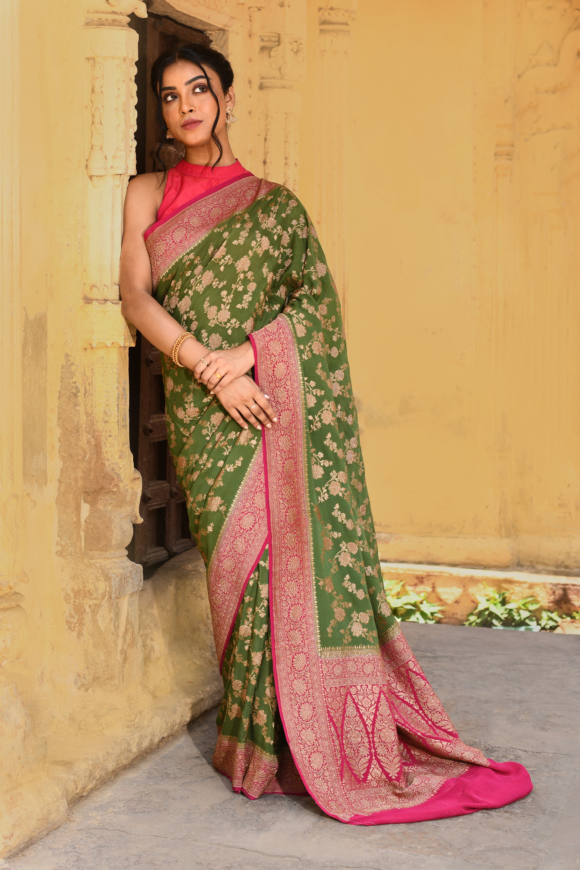 Green Banarasi Crape Chiffon Silk Saree