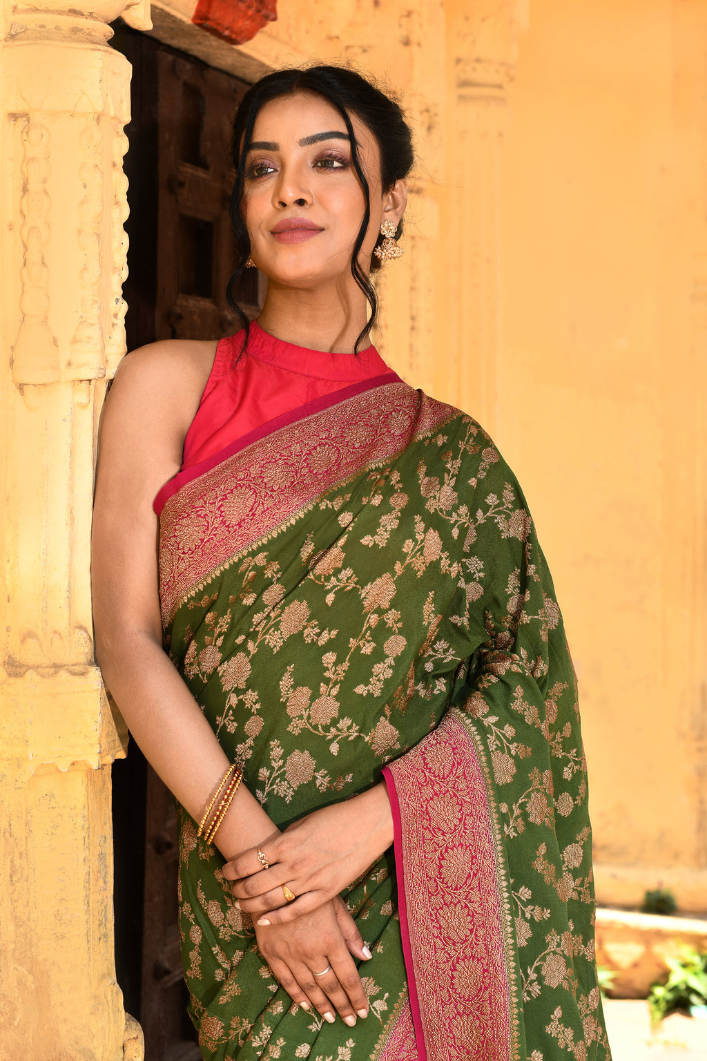 Green Banarasi Crape Chiffon Silk Saree
