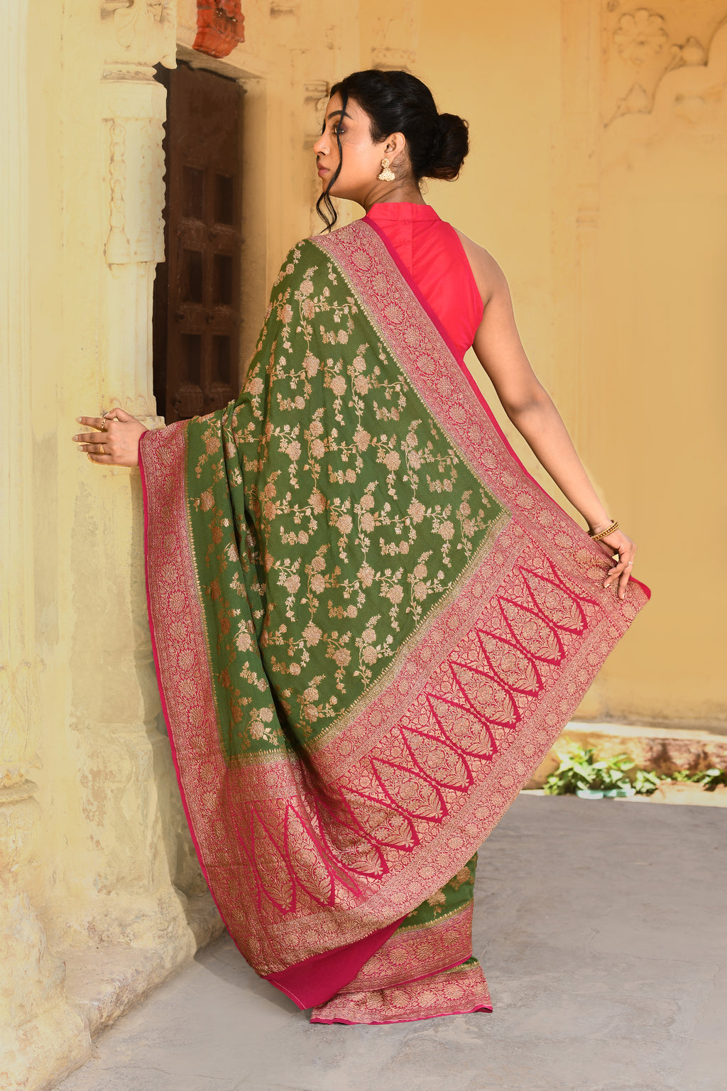 Green Banarasi Crape Chiffon Silk Saree