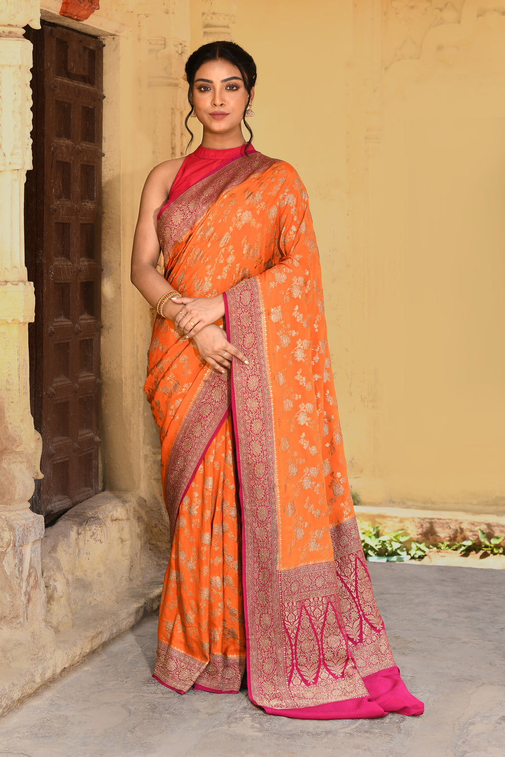 Orange Banarasi Crape Chiffon Silk Saree