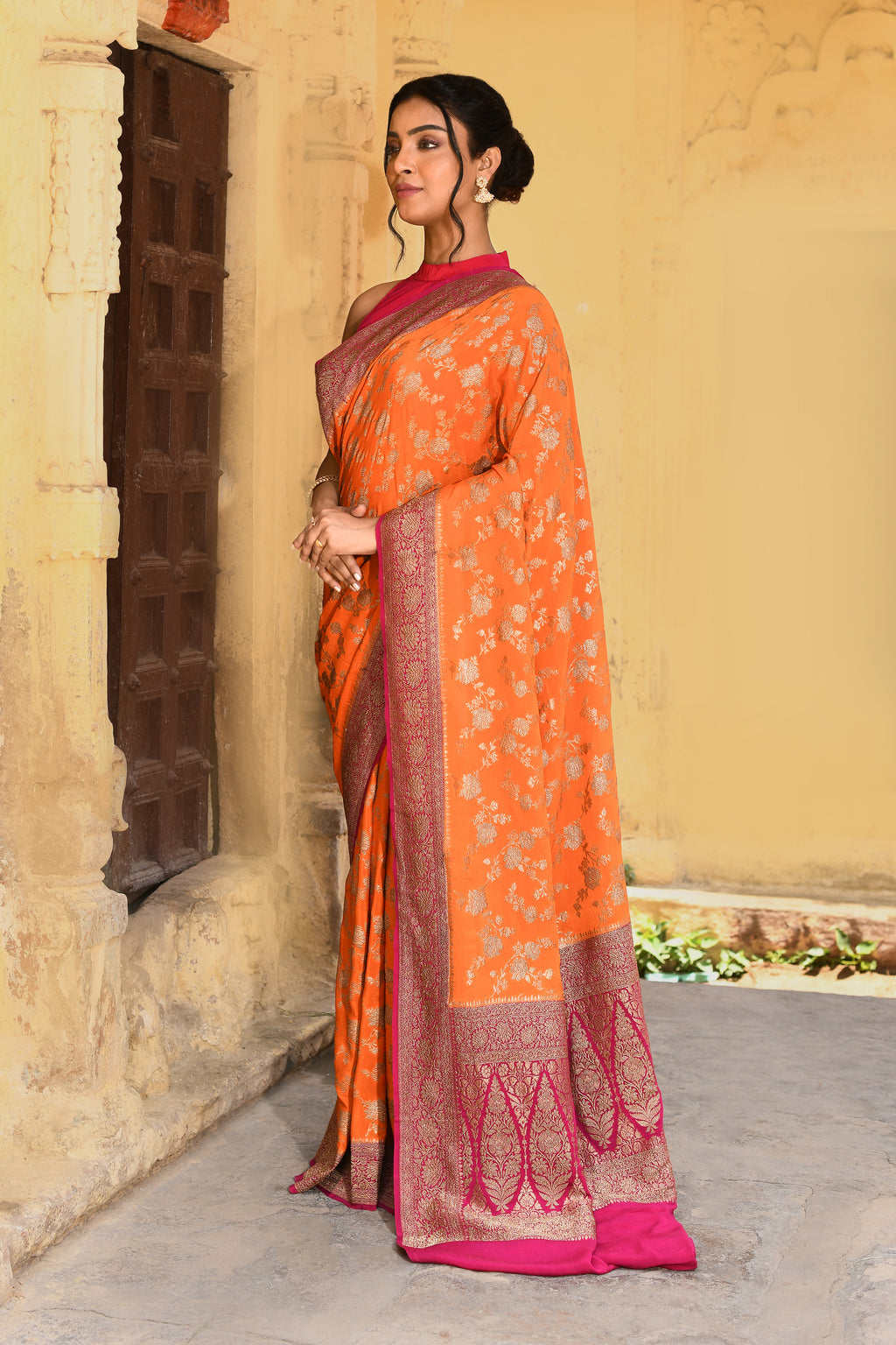 Orange Banarasi Crape Chiffon Silk Saree