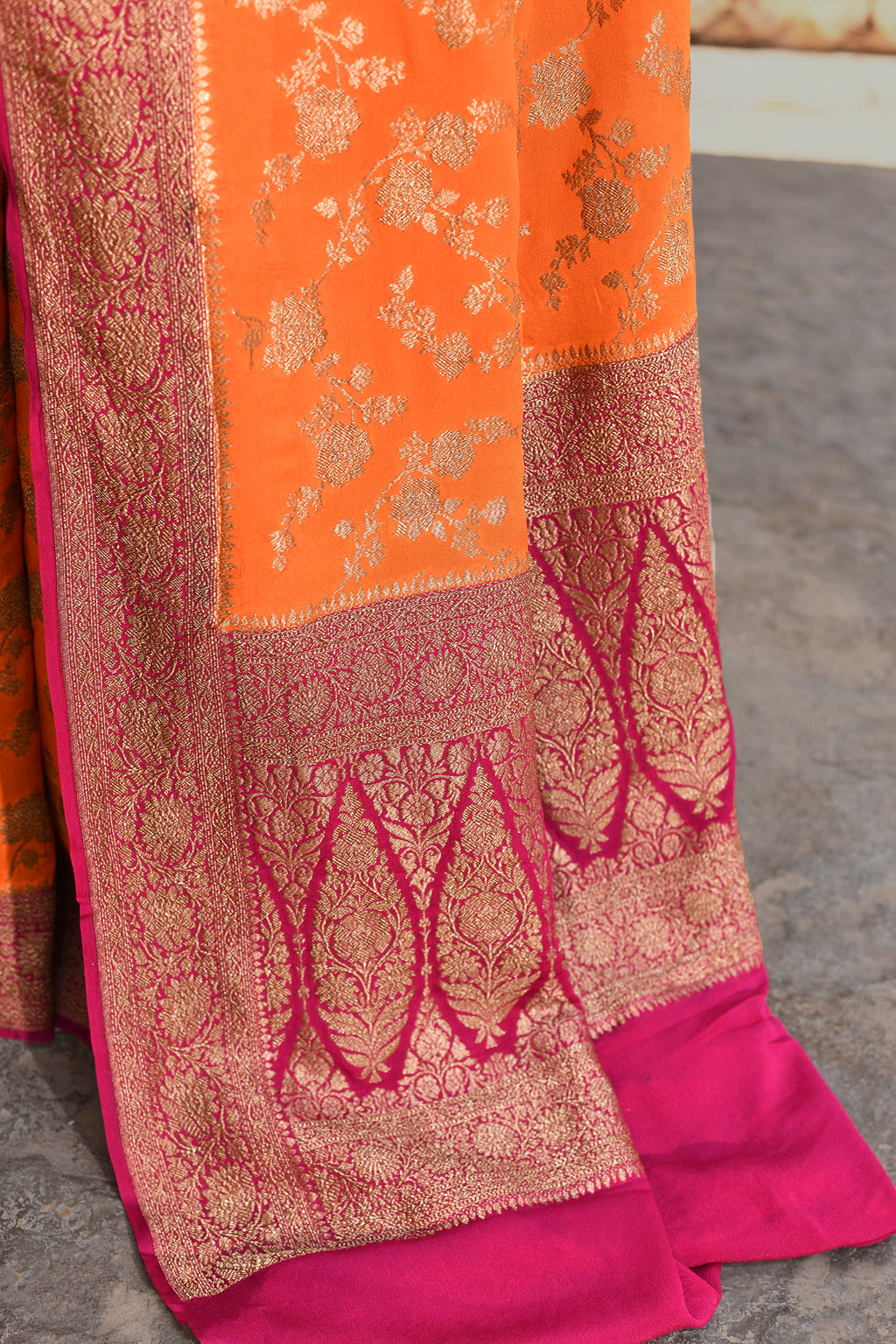 Orange Banarasi Crape Chiffon Silk Saree