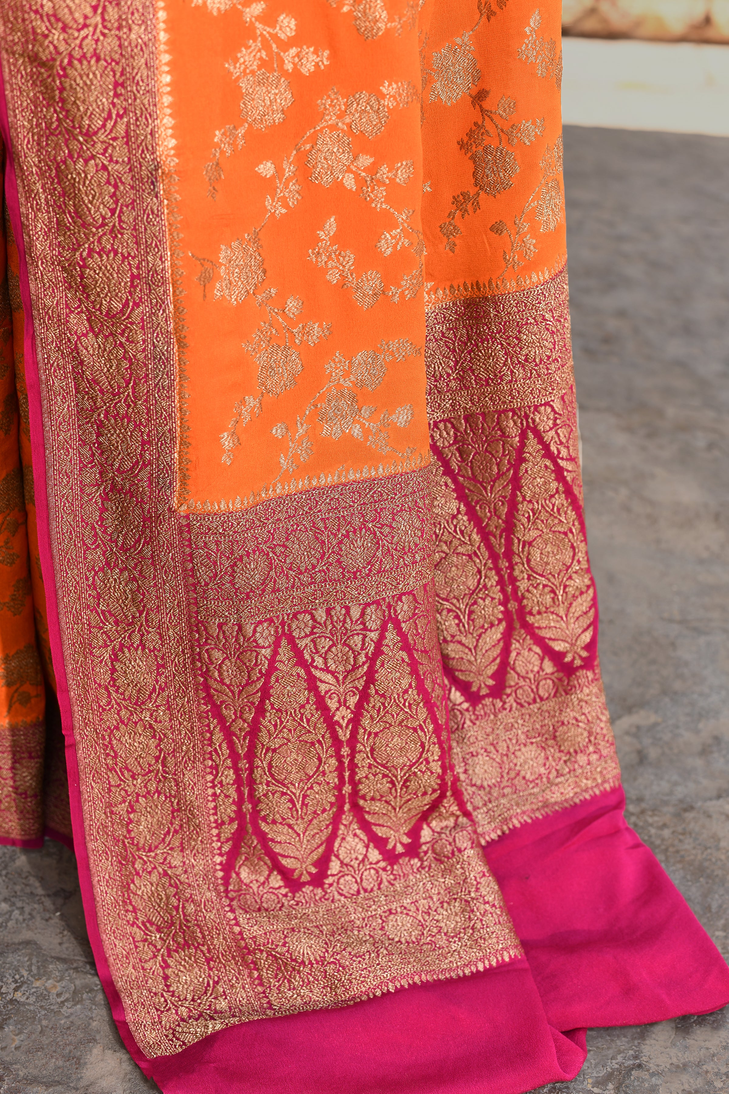 Orange Banarasi Crape Chiffon Silk Saree