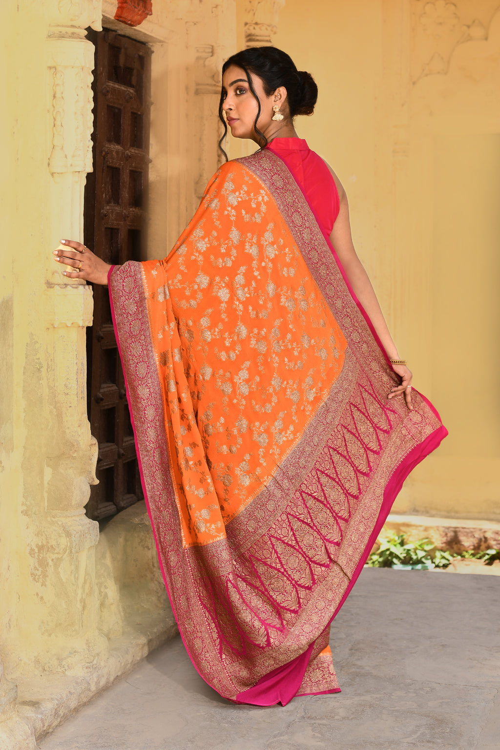Orange Banarasi Crape Chiffon Silk Saree