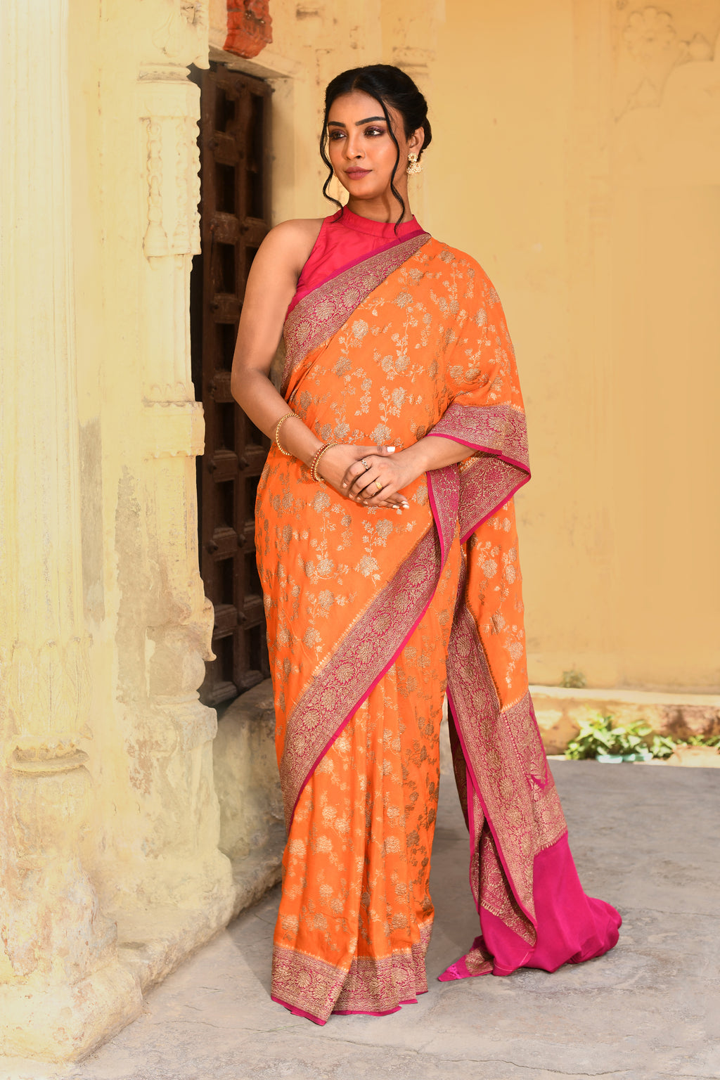 Orange Banarasi Crape Chiffon Silk Saree