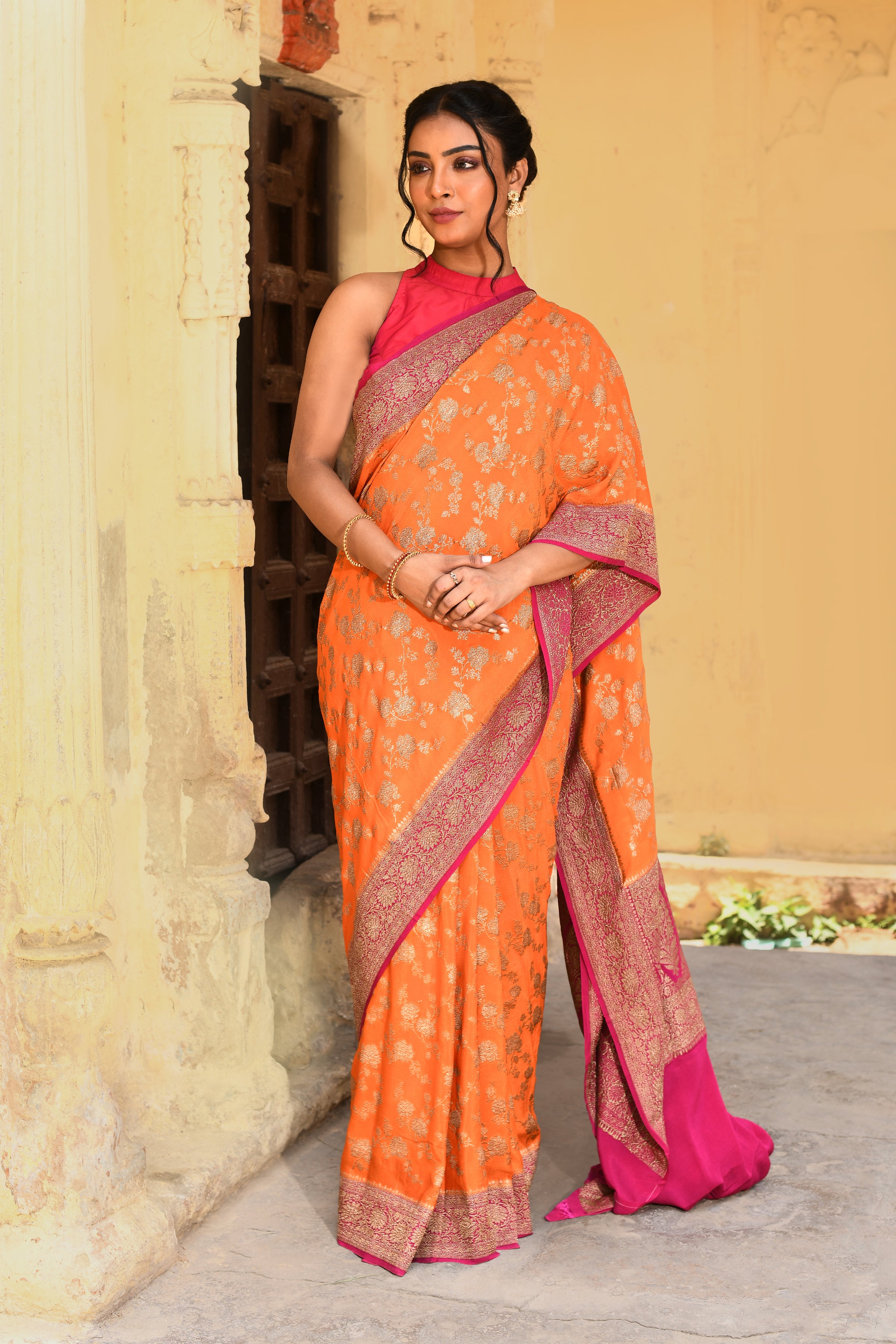 Orange Banarasi Crape Chiffon Silk Saree