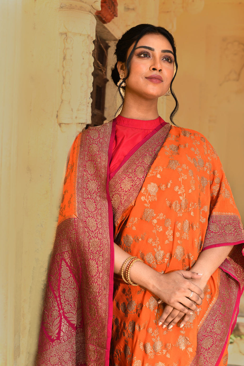 Orange Banarasi Crape Chiffon Silk Saree