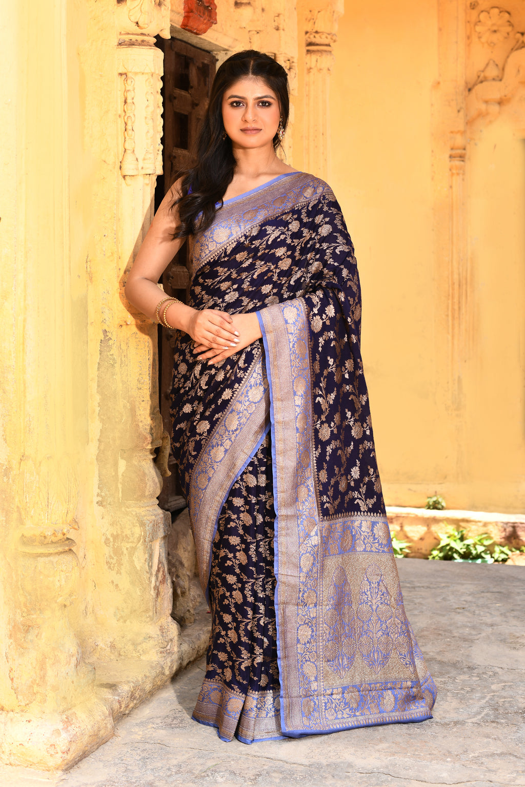 Navy Blue Banarasi Crape Chiffon Silk Saree