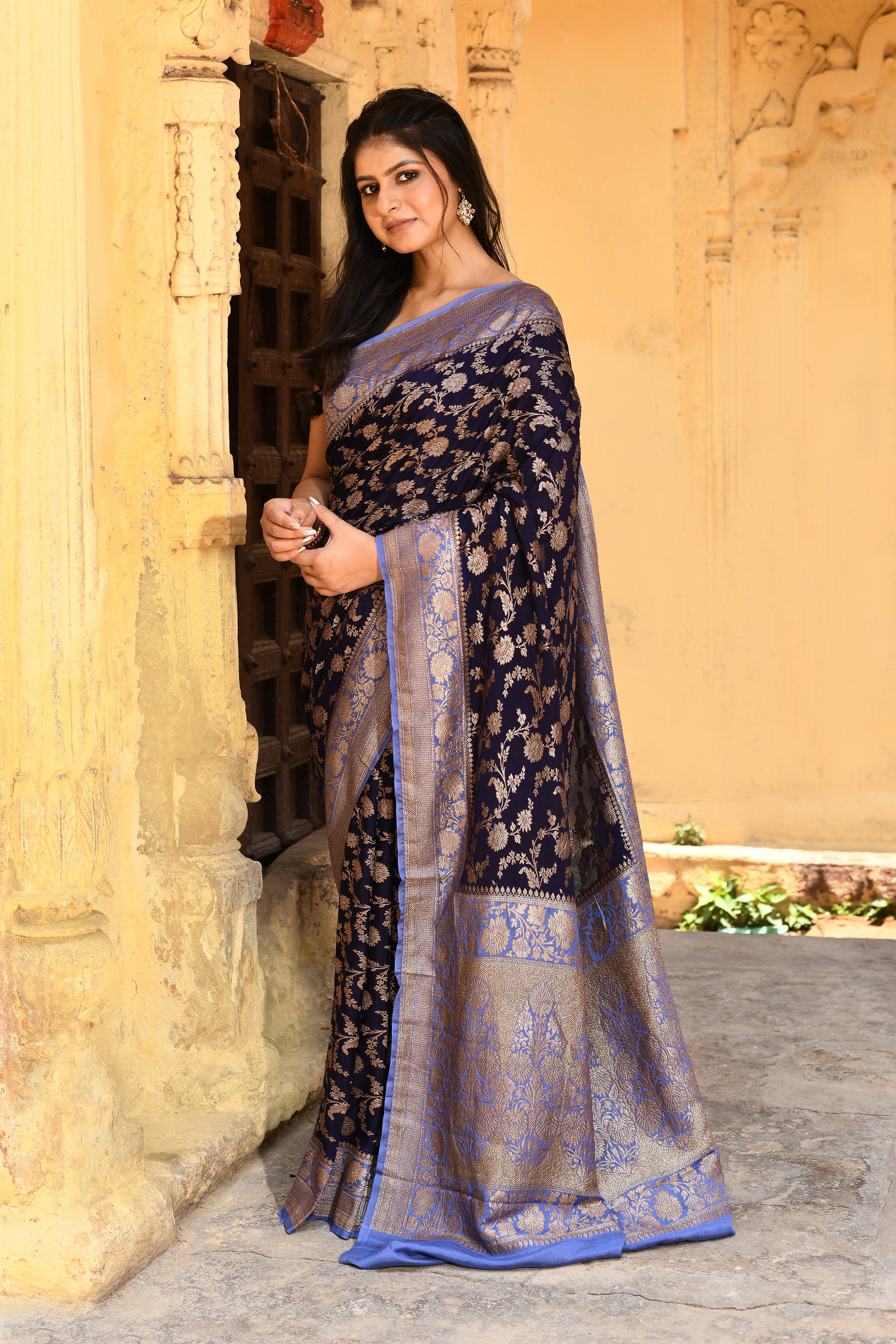 Navy Blue Banarasi Crape Chiffon Silk Saree