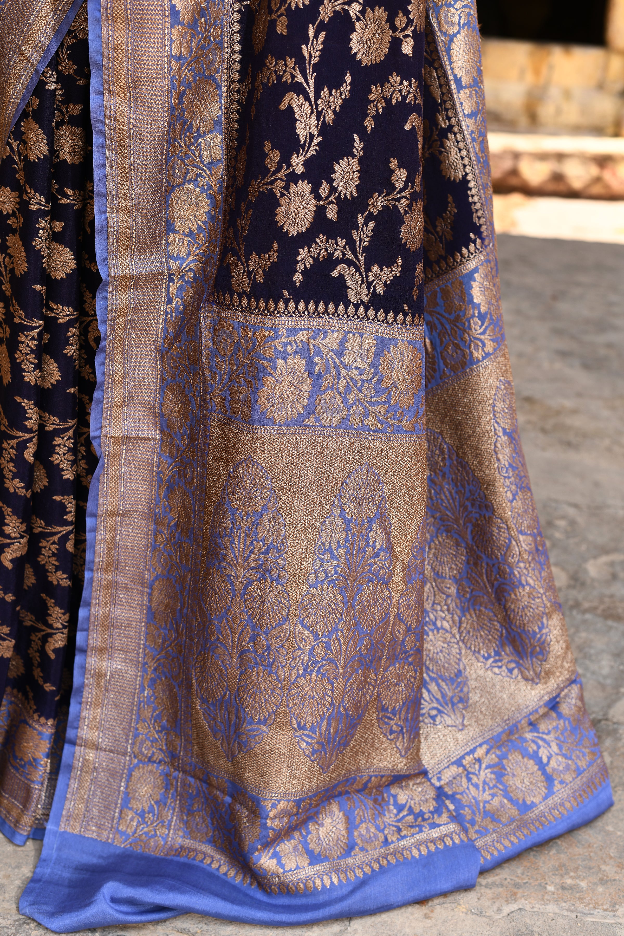 Navy Blue Banarasi Crape Chiffon Silk Saree