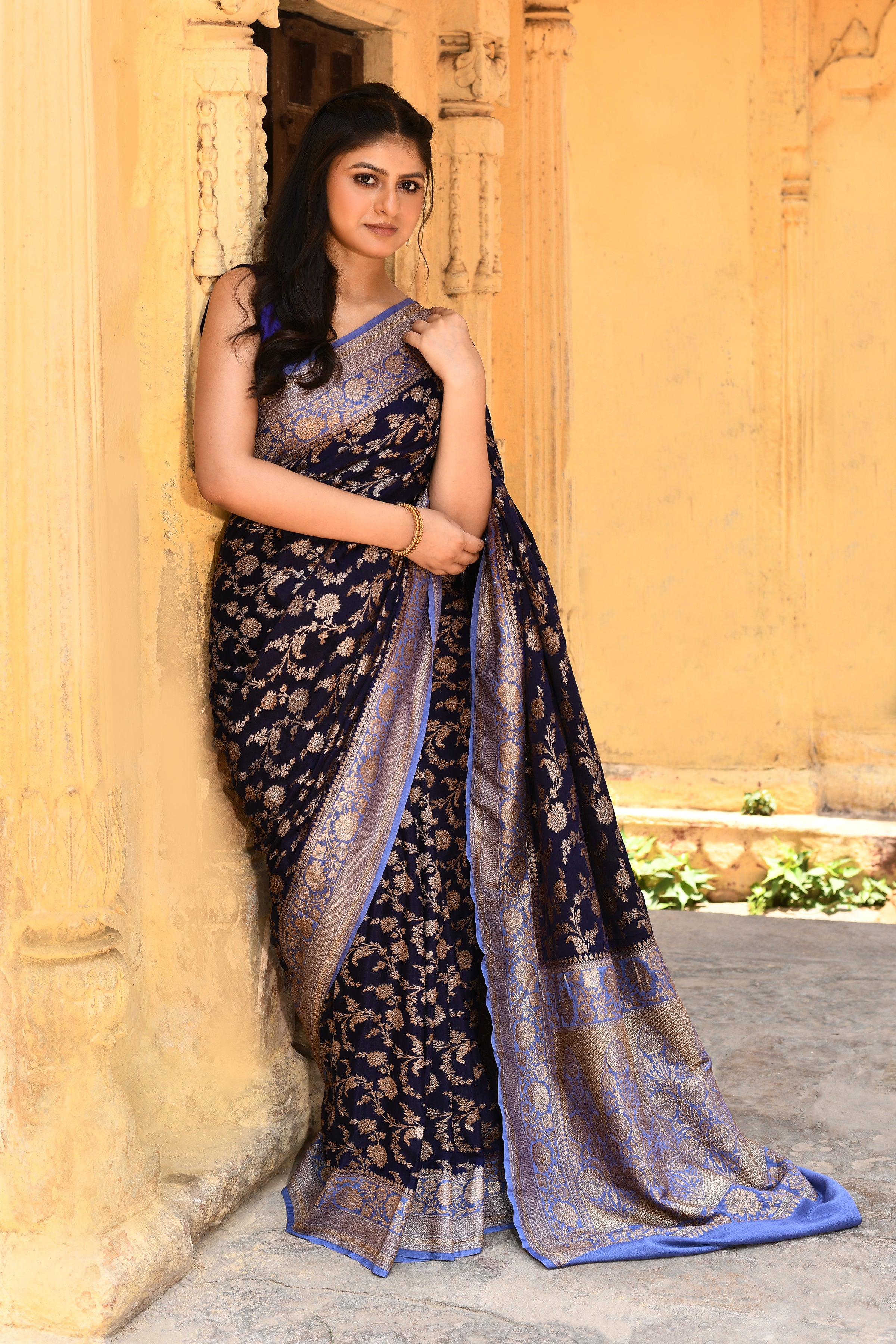 Navy Blue Banarasi Crape Chiffon Silk Saree