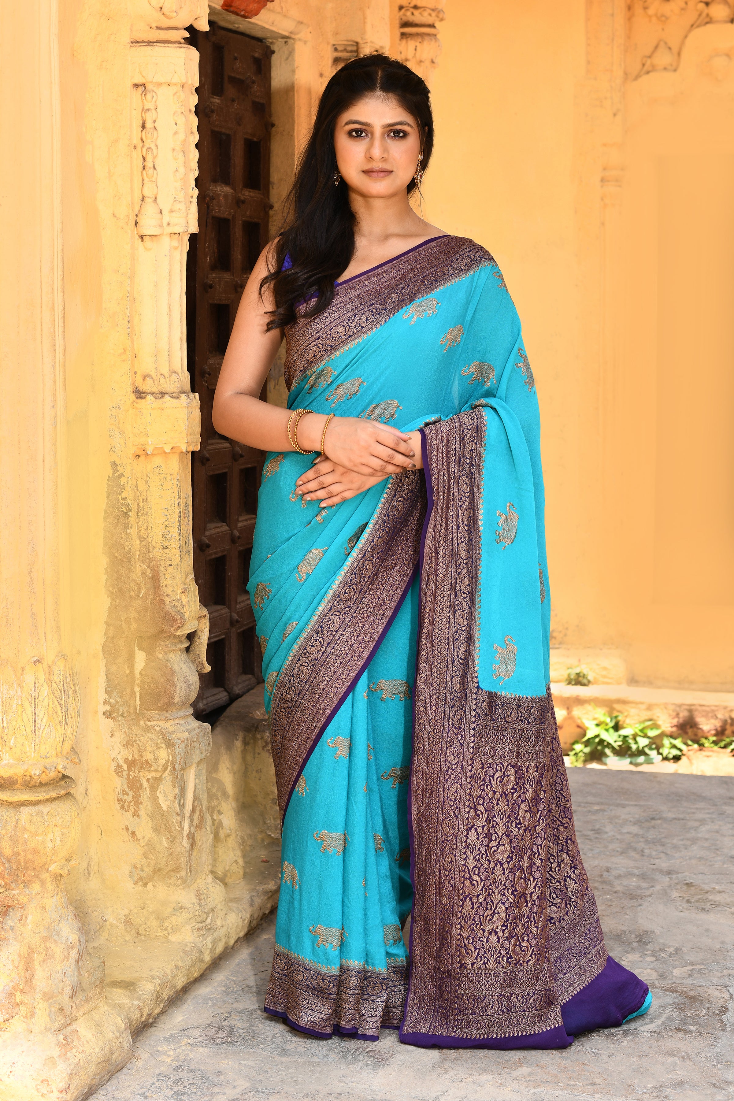 Sky Blue Banarasi Crape Chiffon Silk Saree