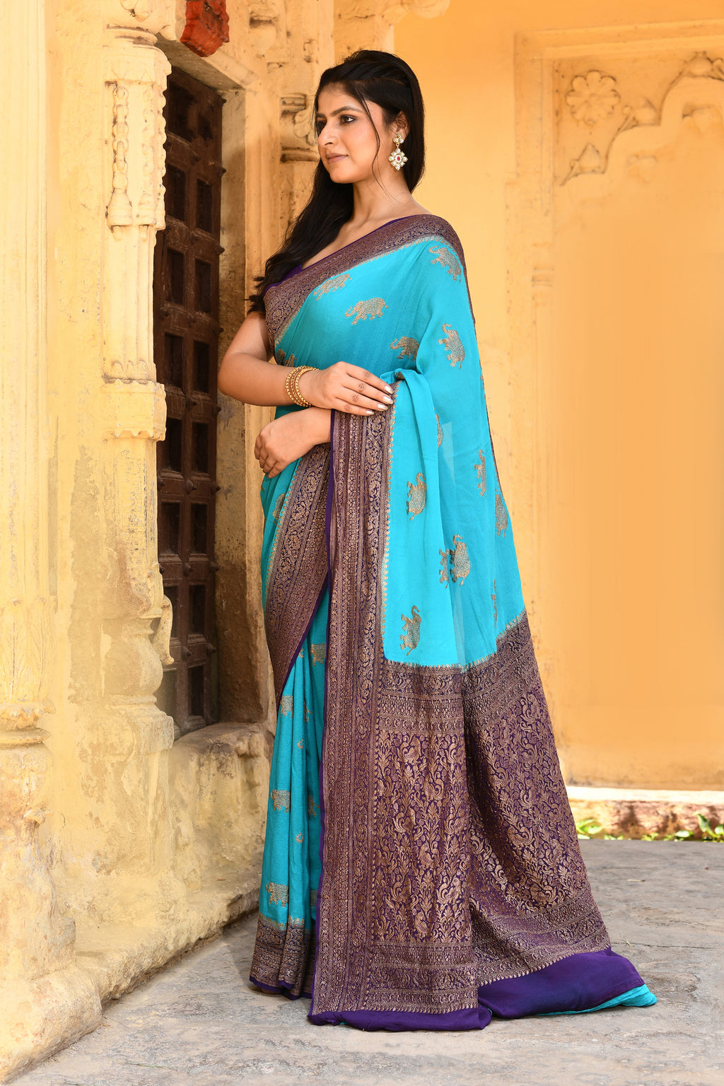 Sky Blue Banarasi Crape Chiffon Silk Saree