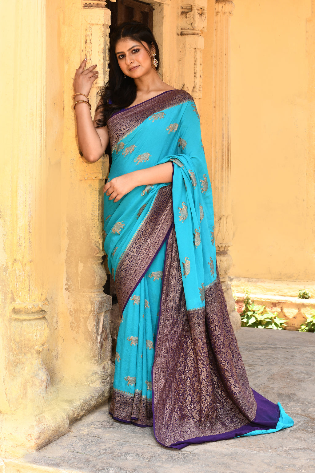 Sky Blue Banarasi Crape Chiffon Silk Saree