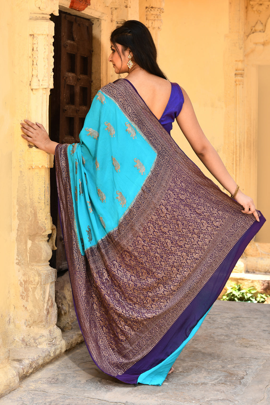 Sky Blue Banarasi Crape Chiffon Silk Saree