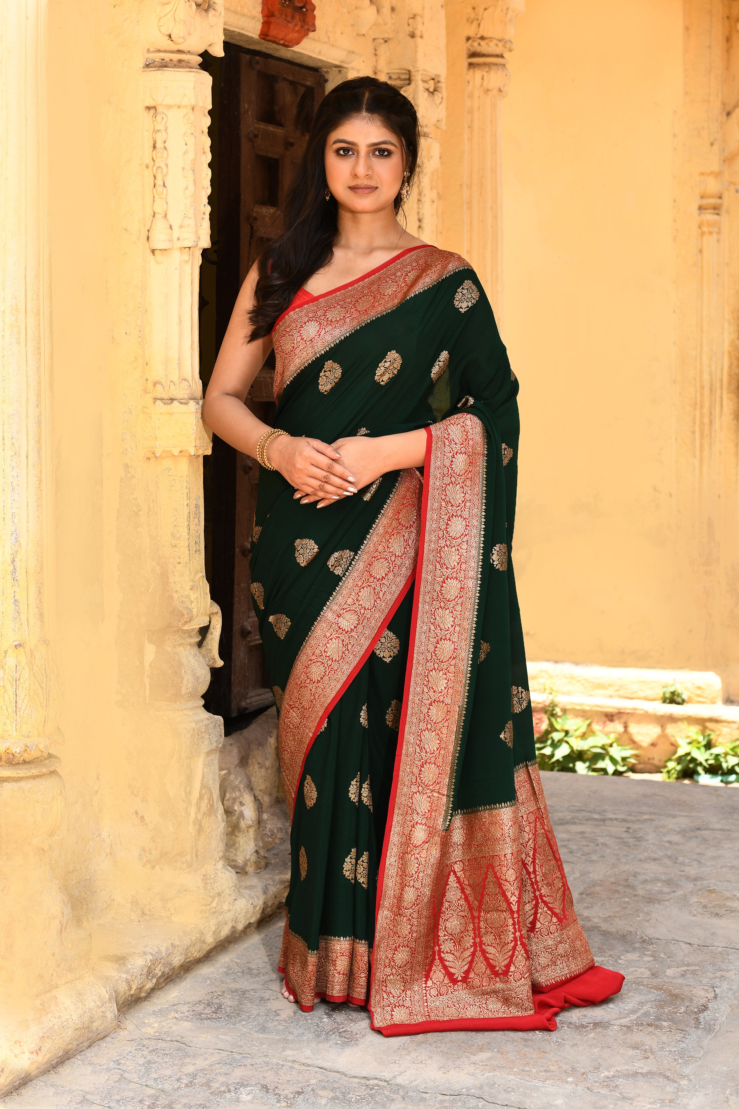 Emerald Green Banarasi Crape Chiffon Silk Saree