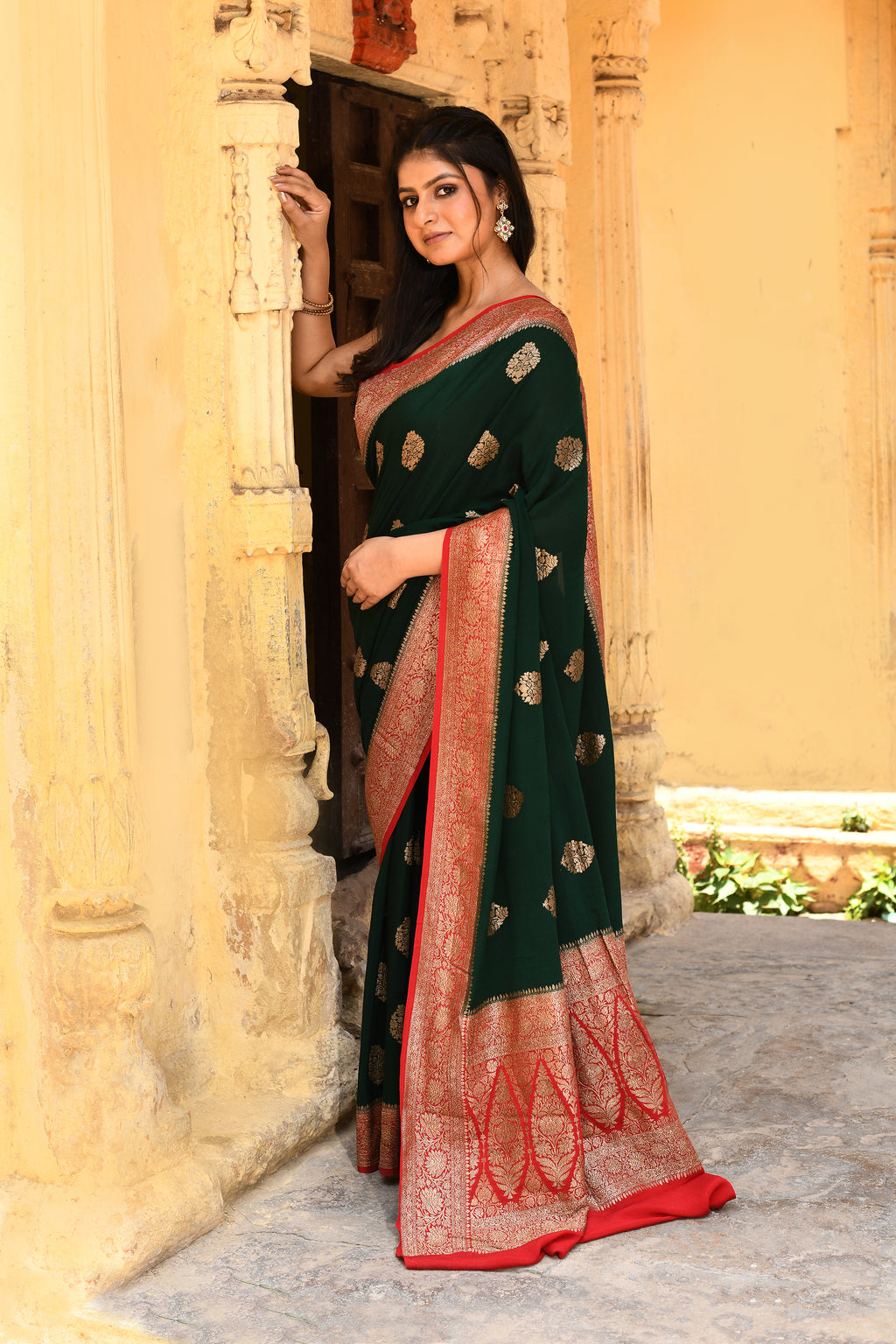 Emerald Green Banarasi Crape Chiffon Silk Saree