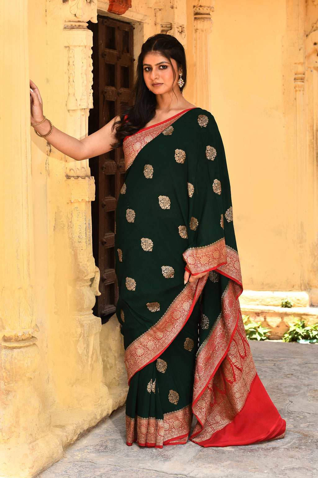 Emerald Green Banarasi Crape Chiffon Silk Saree