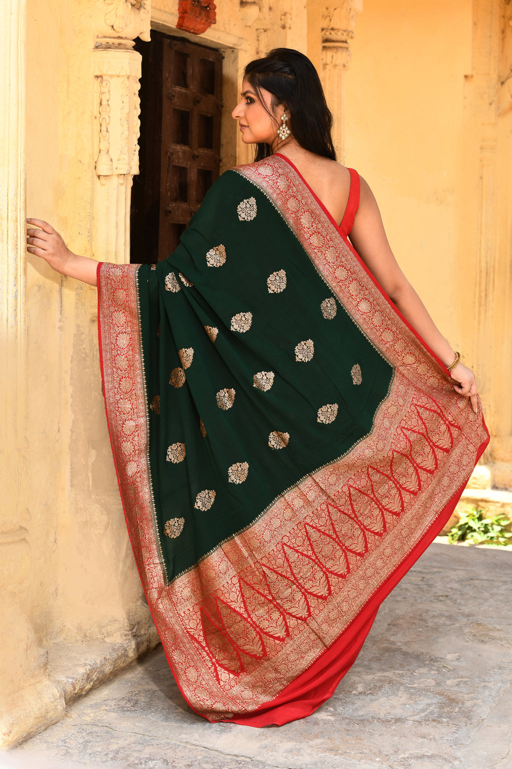 Emerald Green Banarasi Crape Chiffon Silk Saree