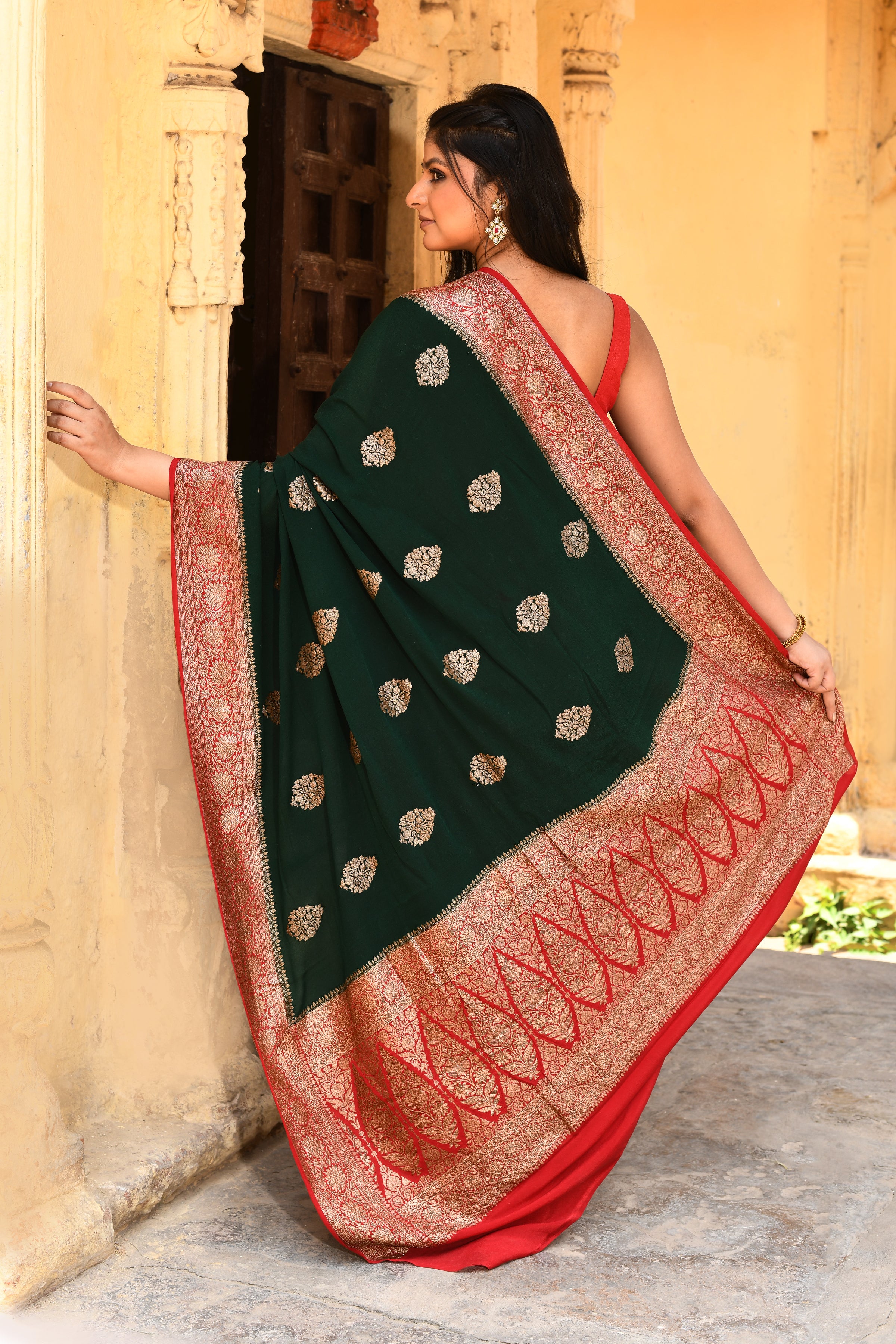 Emerald Green Banarasi Crape Chiffon Silk Saree