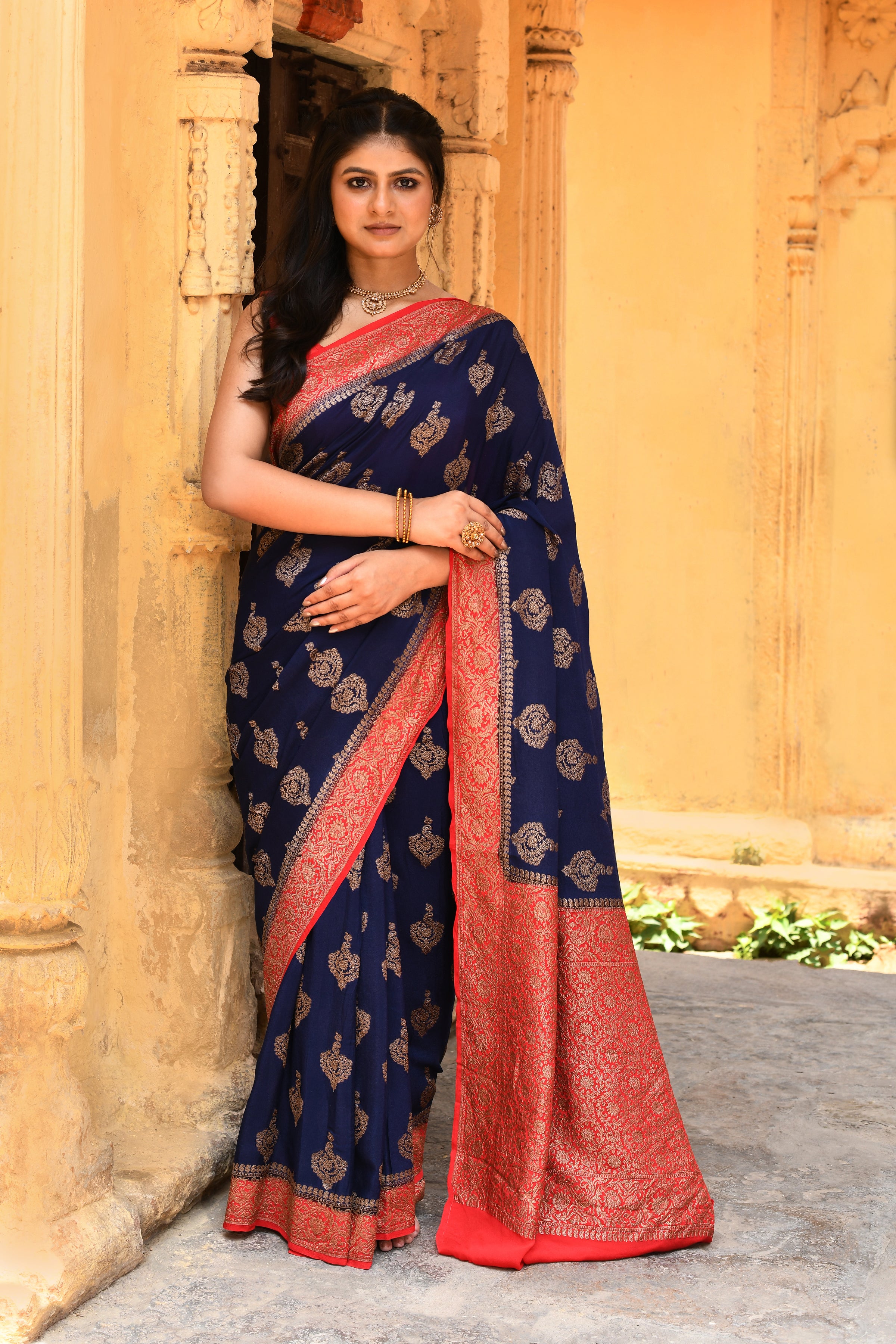 Royal Navy Blue Banarasi Crape Chiffon Silk Saree