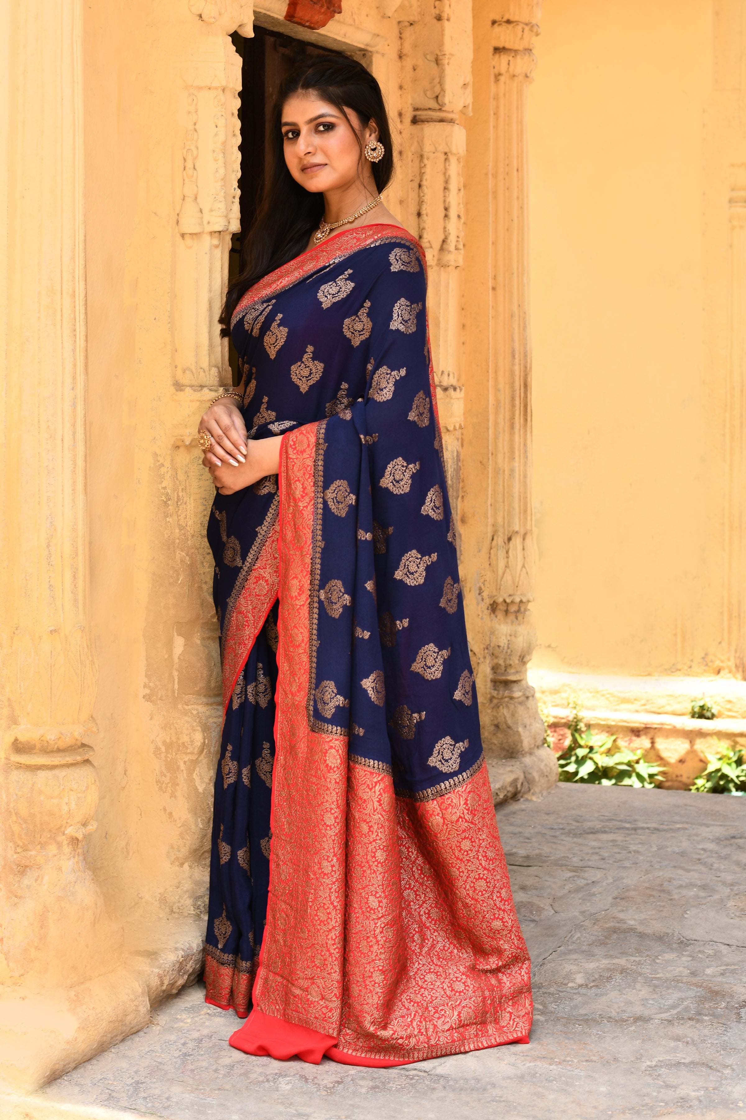 Royal Navy Blue Banarasi Crape Chiffon Silk Saree