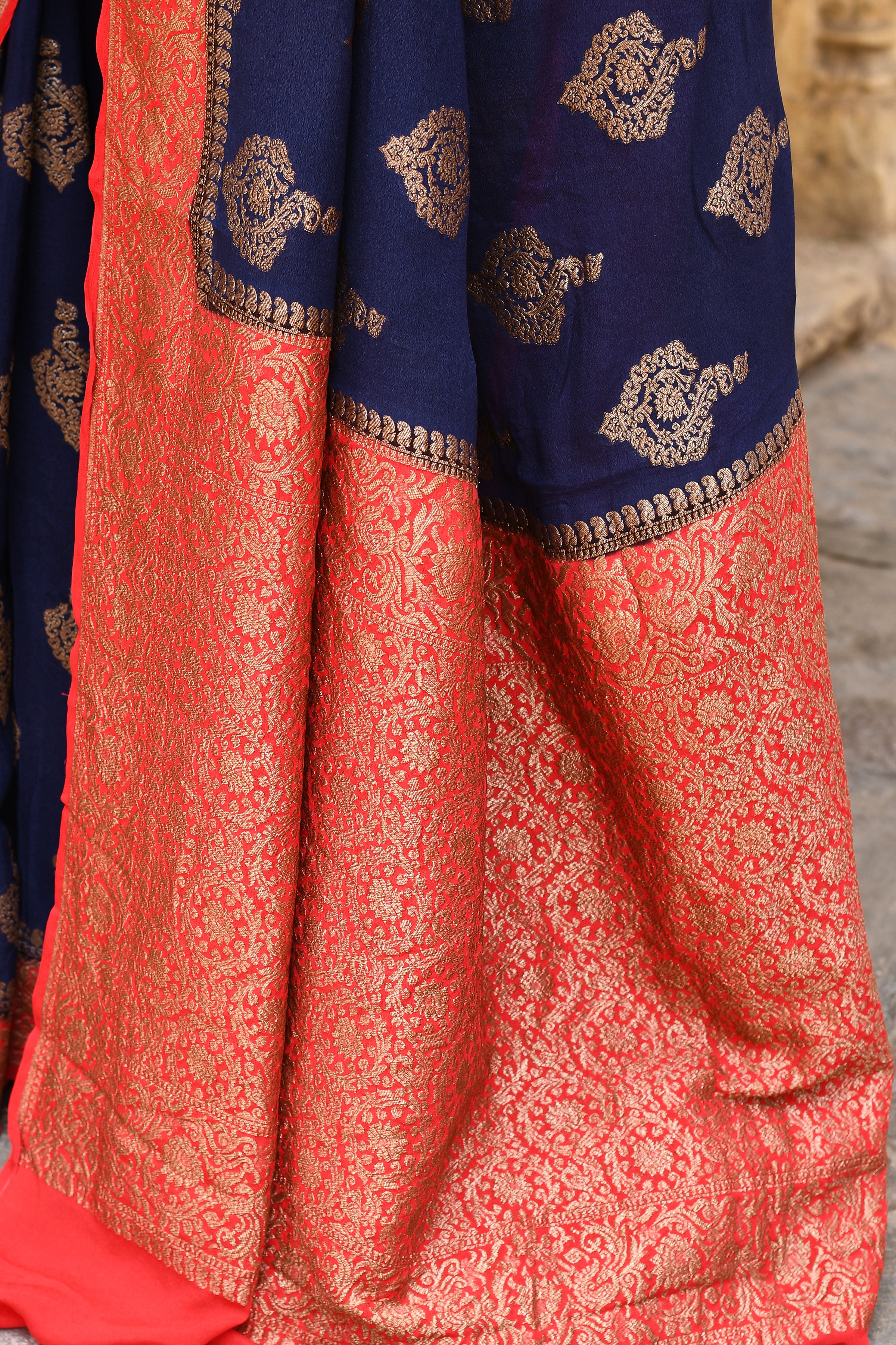 Royal Navy Blue Banarasi Crape Chiffon Silk Saree