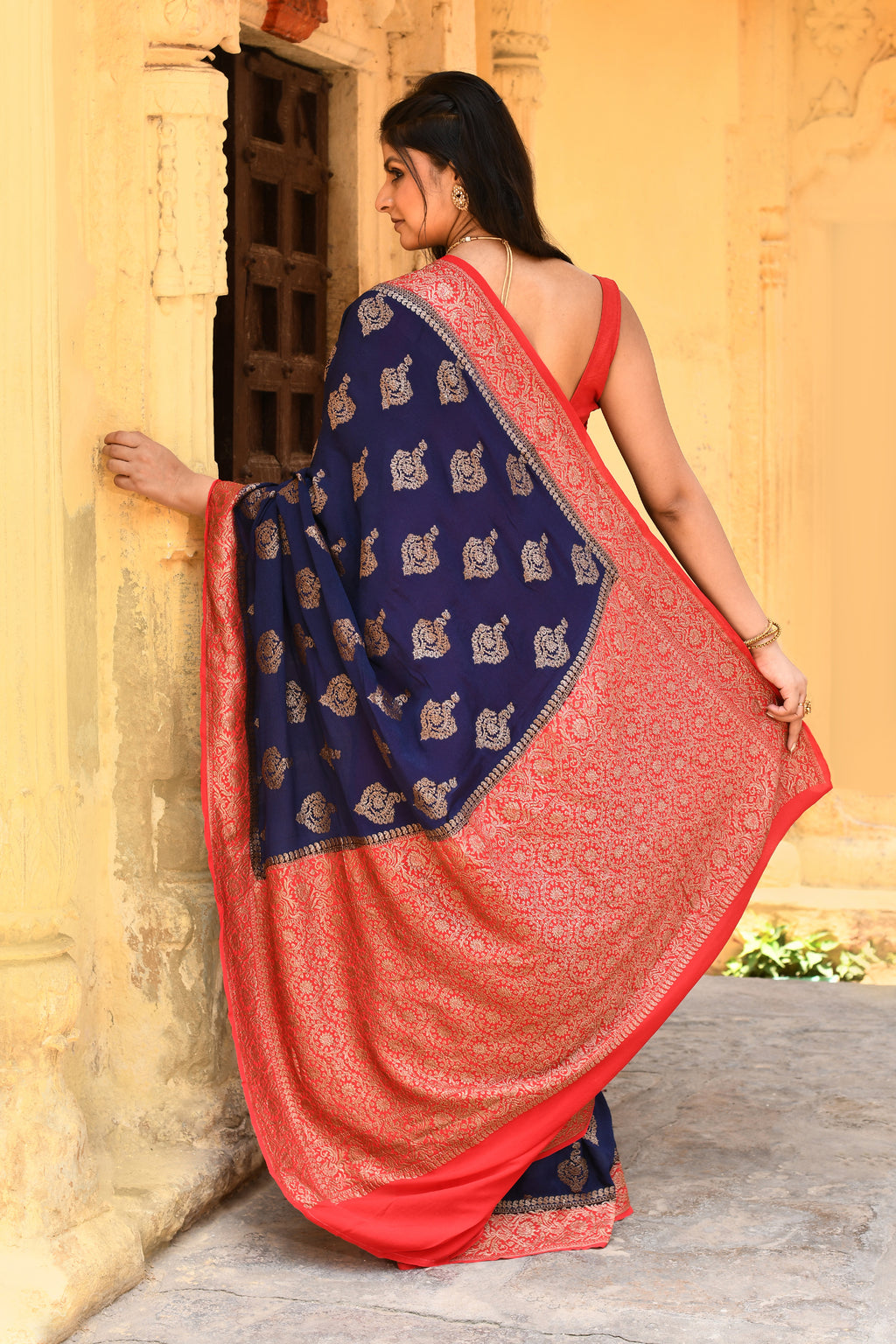Royal Navy Blue Banarasi Crape Chiffon Silk Saree