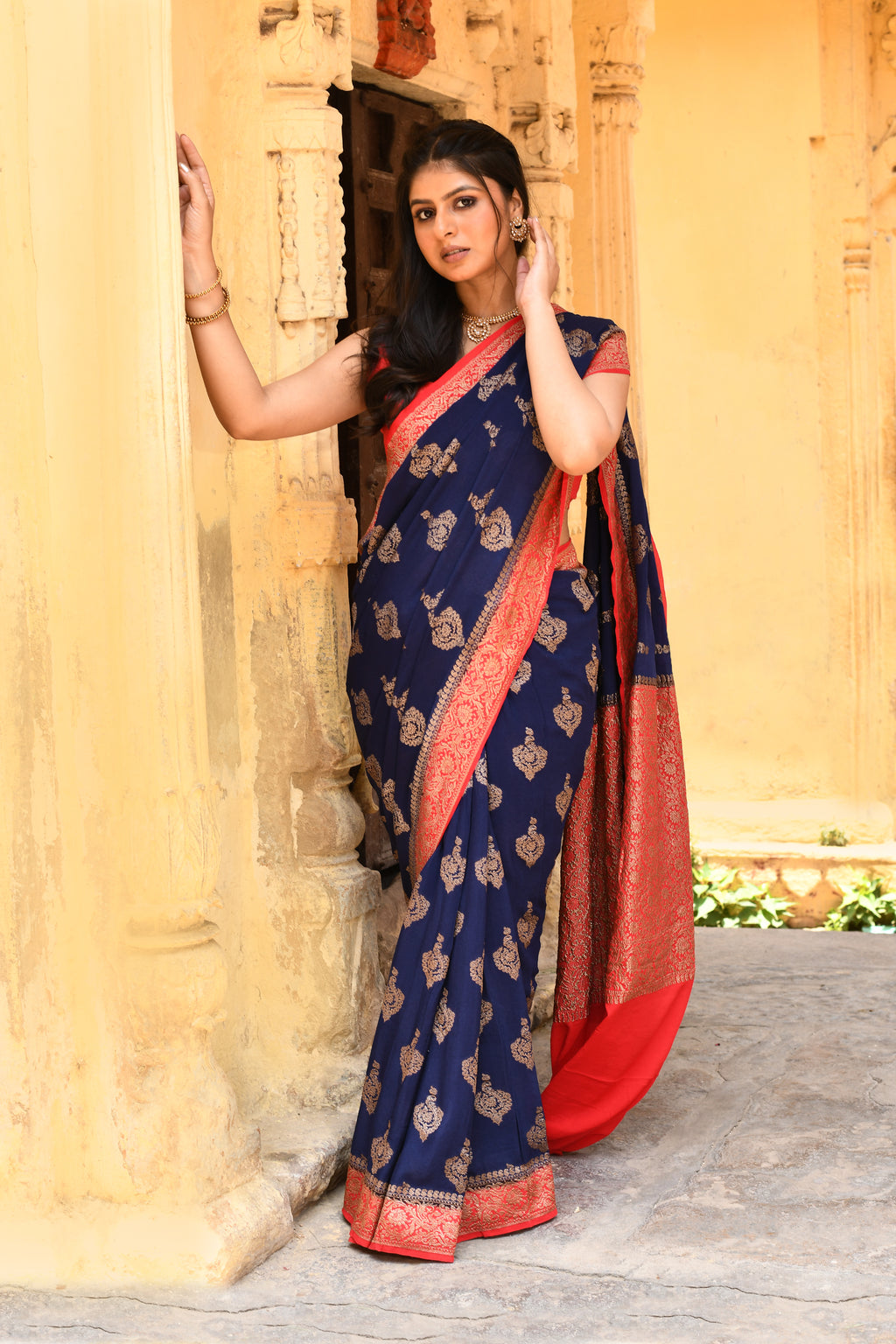 Royal Navy Blue Banarasi Crape Chiffon Silk Saree