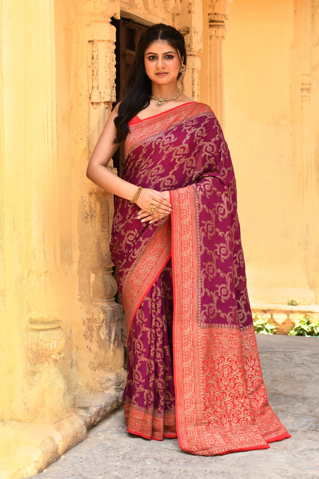 Magenta Banarasi Crape Chiffon Silk Saree