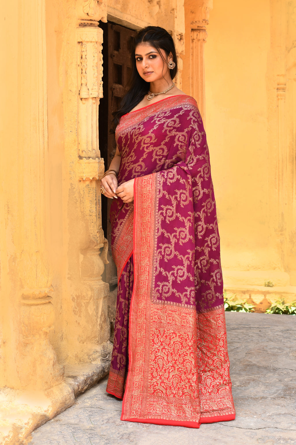 Magenta Banarasi Crape Chiffon Silk Saree