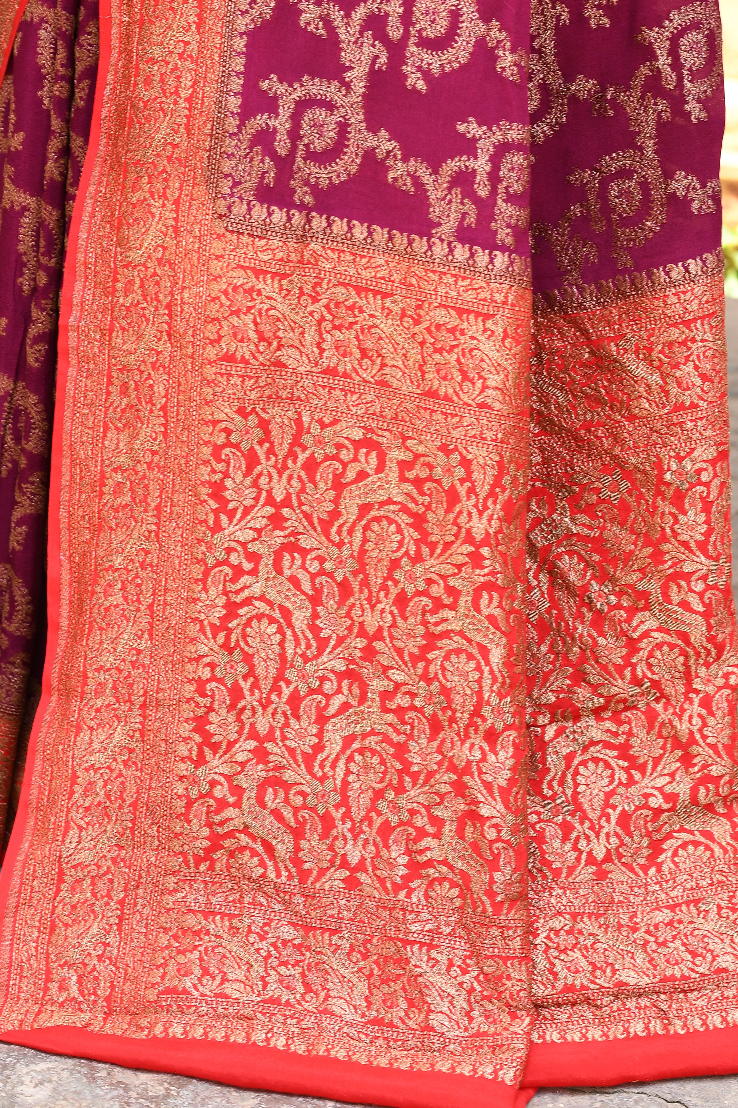 Magenta Banarasi Crape Chiffon Silk Saree