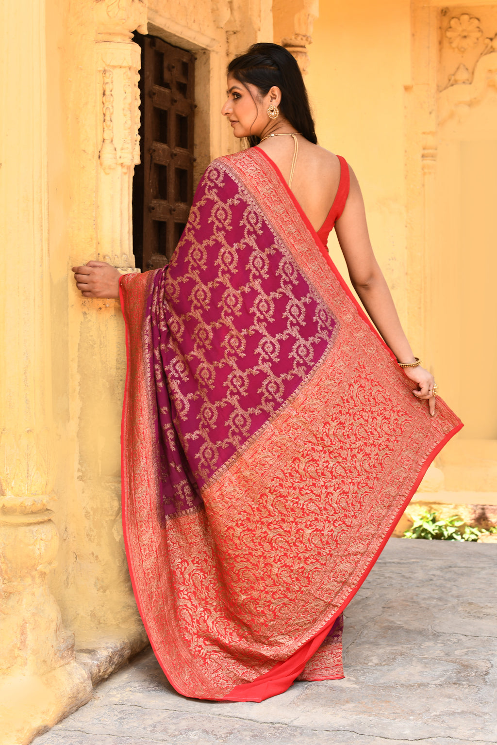 Magenta Banarasi Crape Chiffon Silk Saree