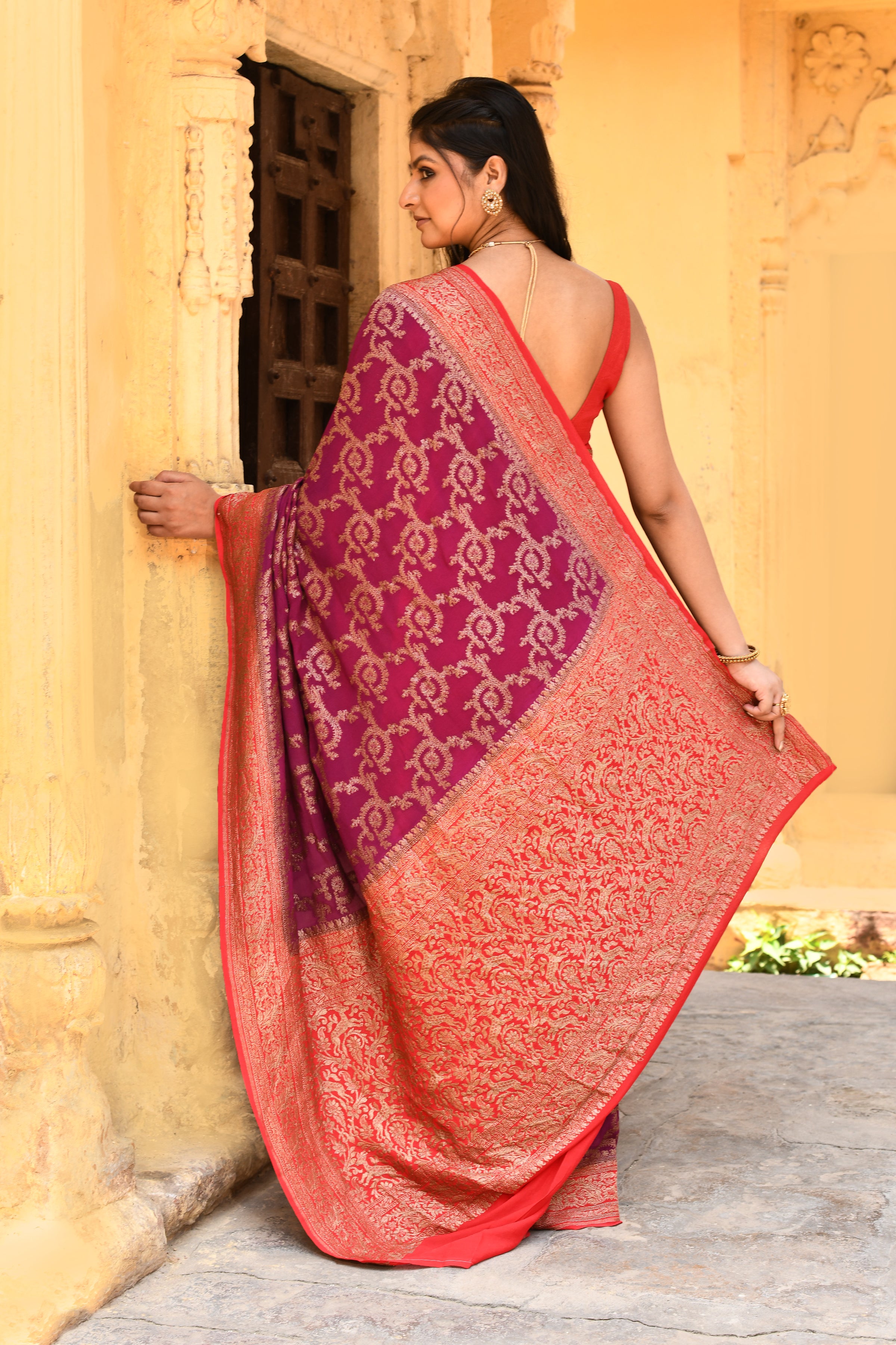 Magenta Banarasi Crape Chiffon Silk Saree