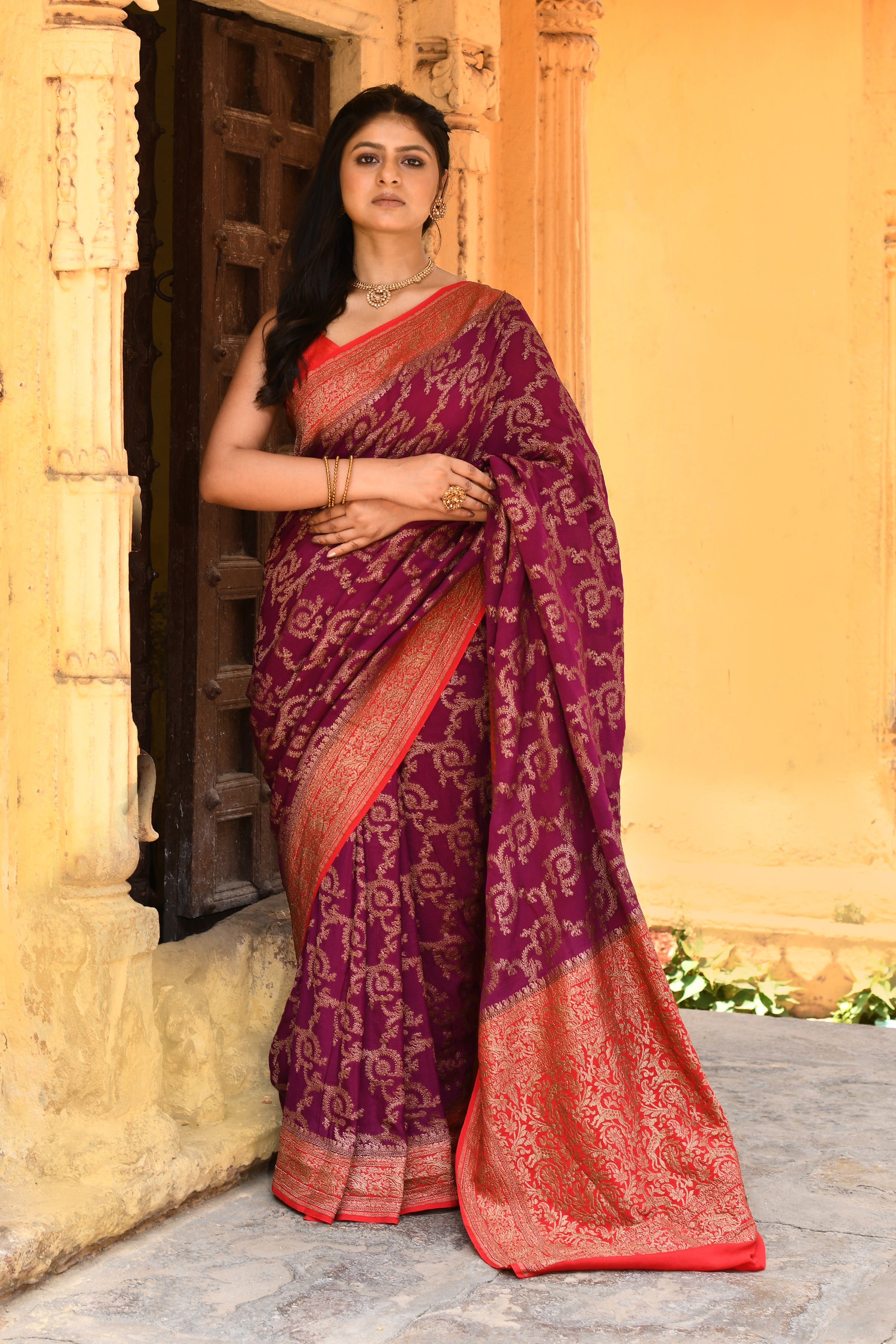 Magenta Banarasi Crape Chiffon Silk Saree