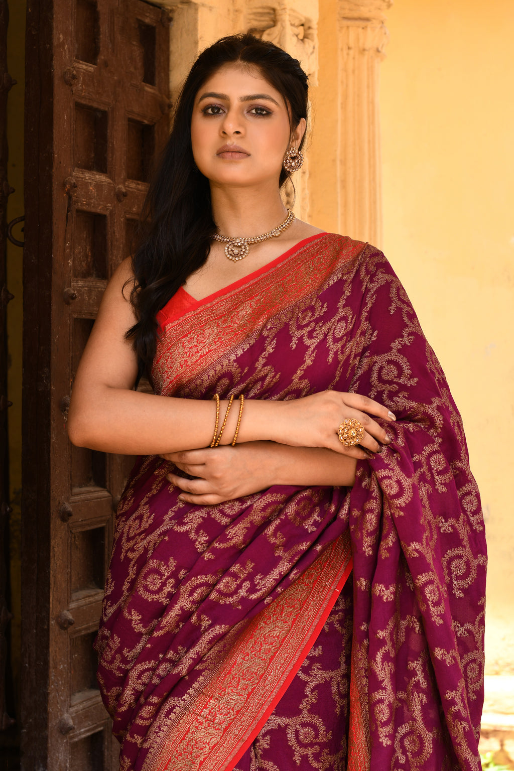 Magenta Banarasi Crape Chiffon Silk Saree