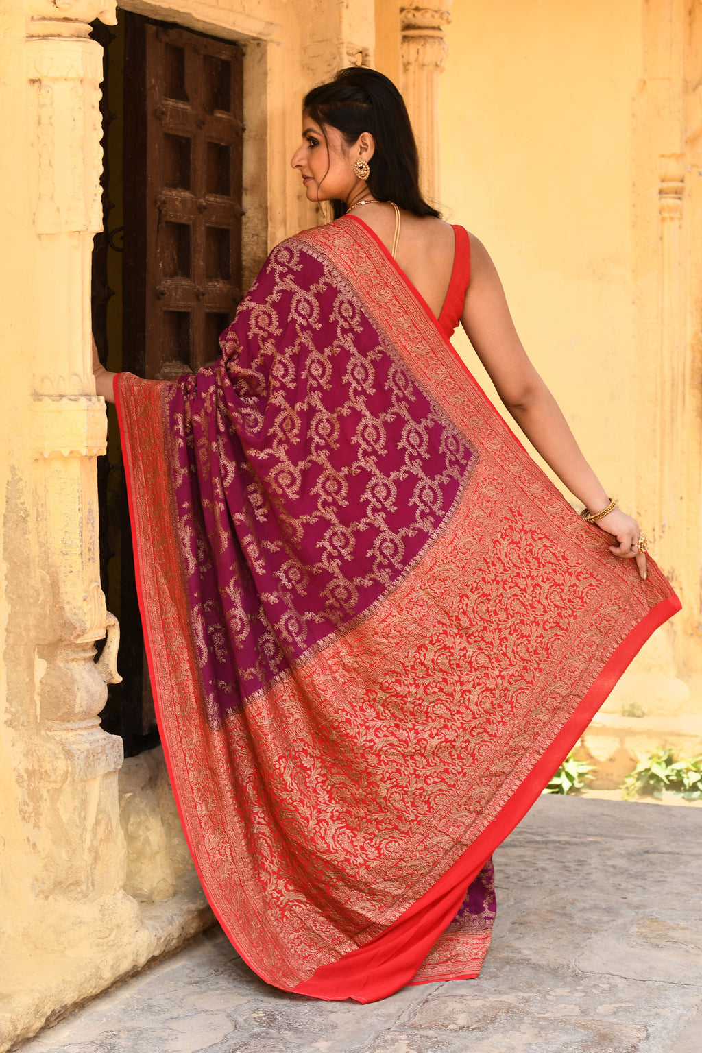 Magenta Banarasi Crape Chiffon Silk Saree