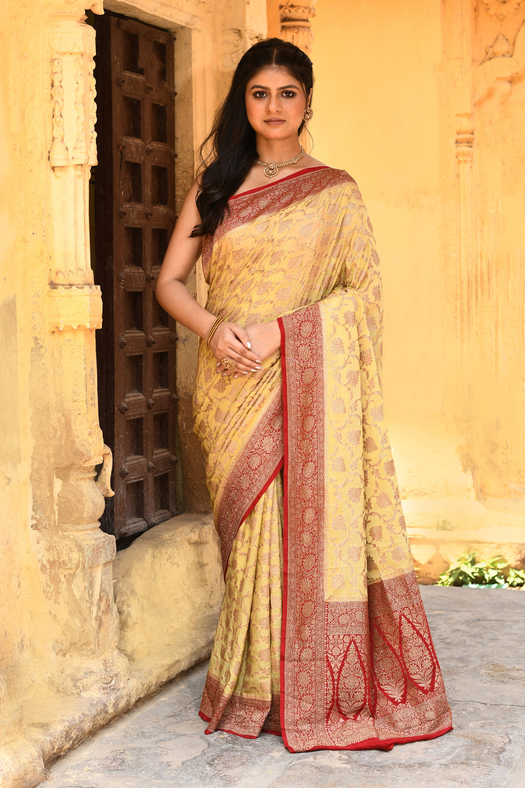 Golden Yellow Banarasi Crape Chiffon Silk Saree