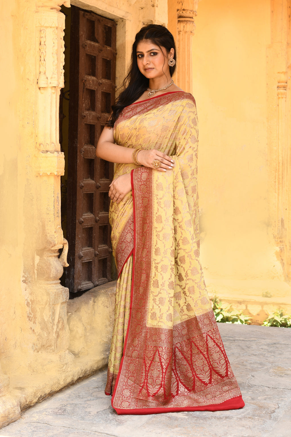 Golden Yellow Banarasi Crape Chiffon Silk Saree
