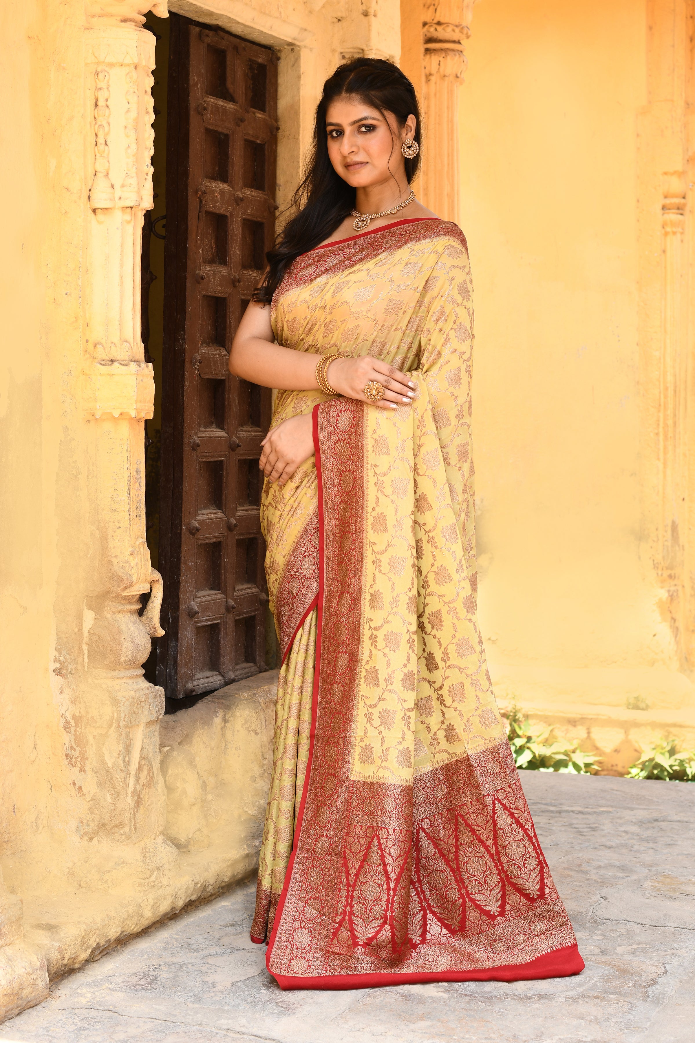 Golden Yellow Banarasi Crape Chiffon Silk Saree
