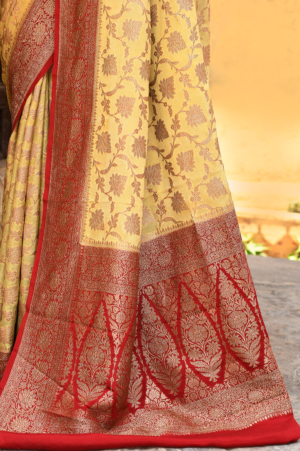 Golden Yellow Banarasi Crape Chiffon Silk Saree