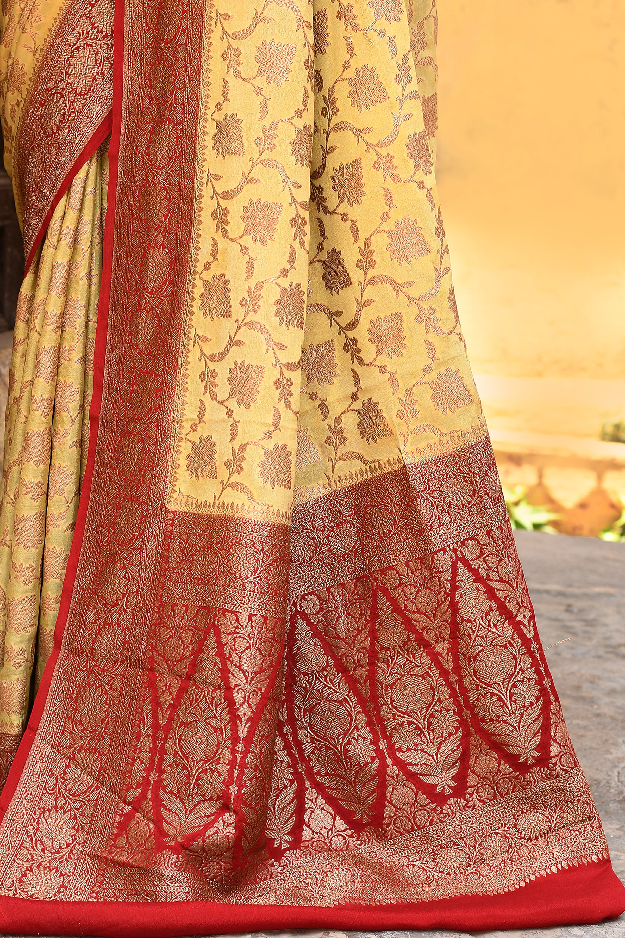 Golden Yellow Banarasi Crape Chiffon Silk Saree