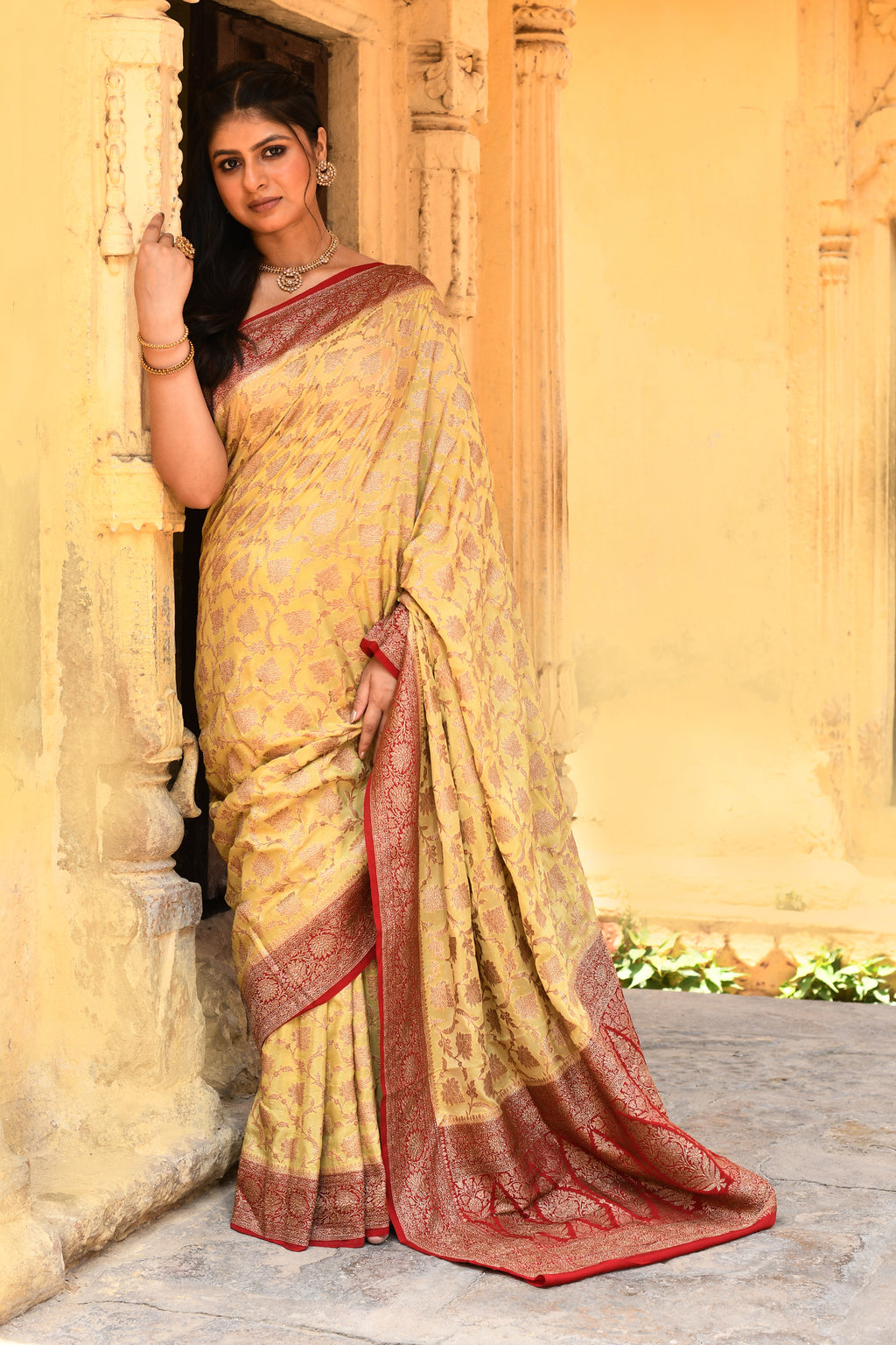 Golden Yellow Banarasi Crape Chiffon Silk Saree