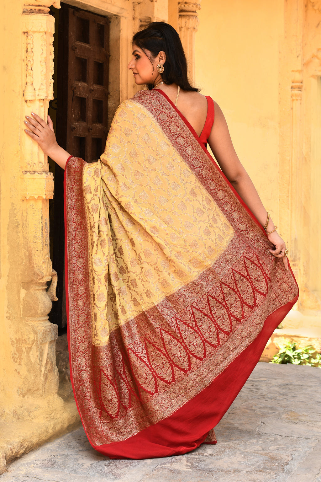 Golden Yellow Banarasi Crape Chiffon Silk Saree