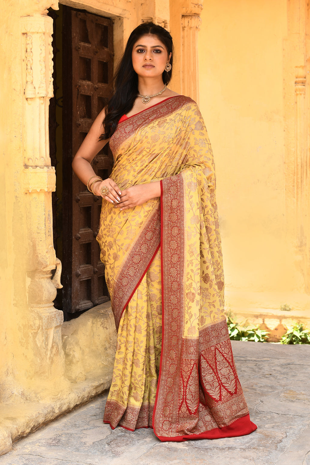 Yellow Banarasi Crape Chiffon Silk Saree