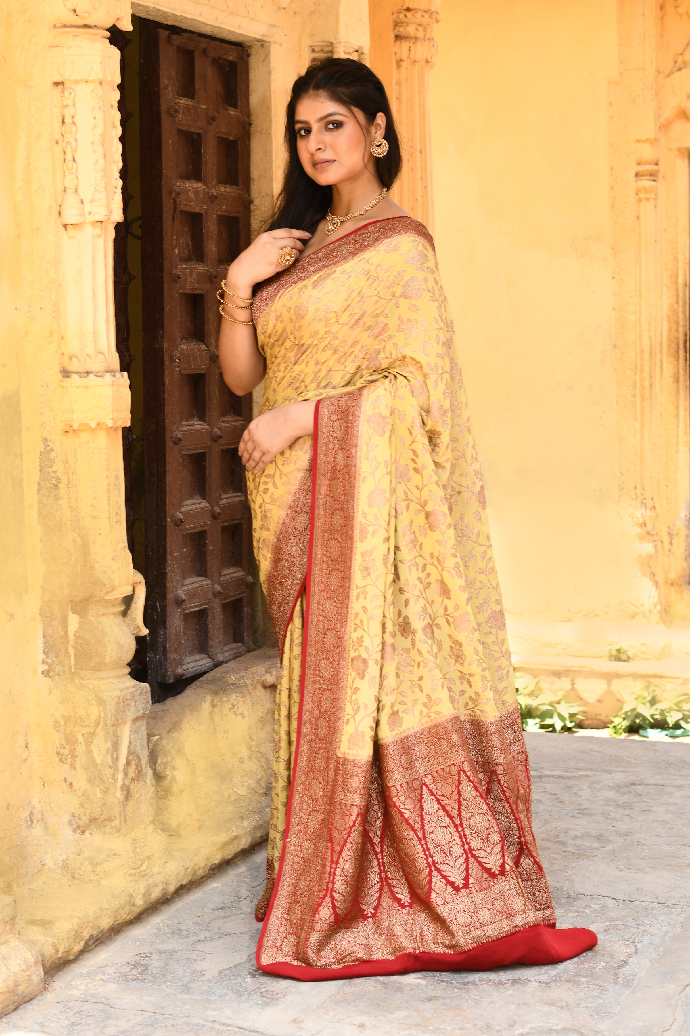 Yellow Banarasi Crape Chiffon Silk Saree
