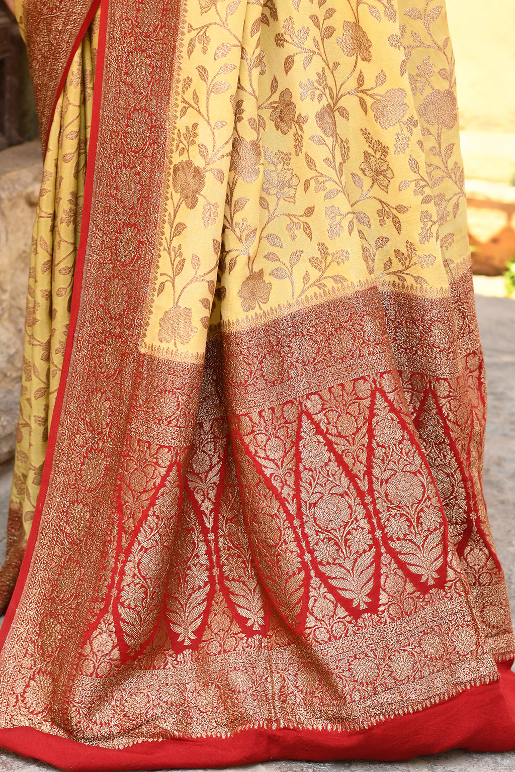 Yellow Banarasi Crape Chiffon Silk Saree