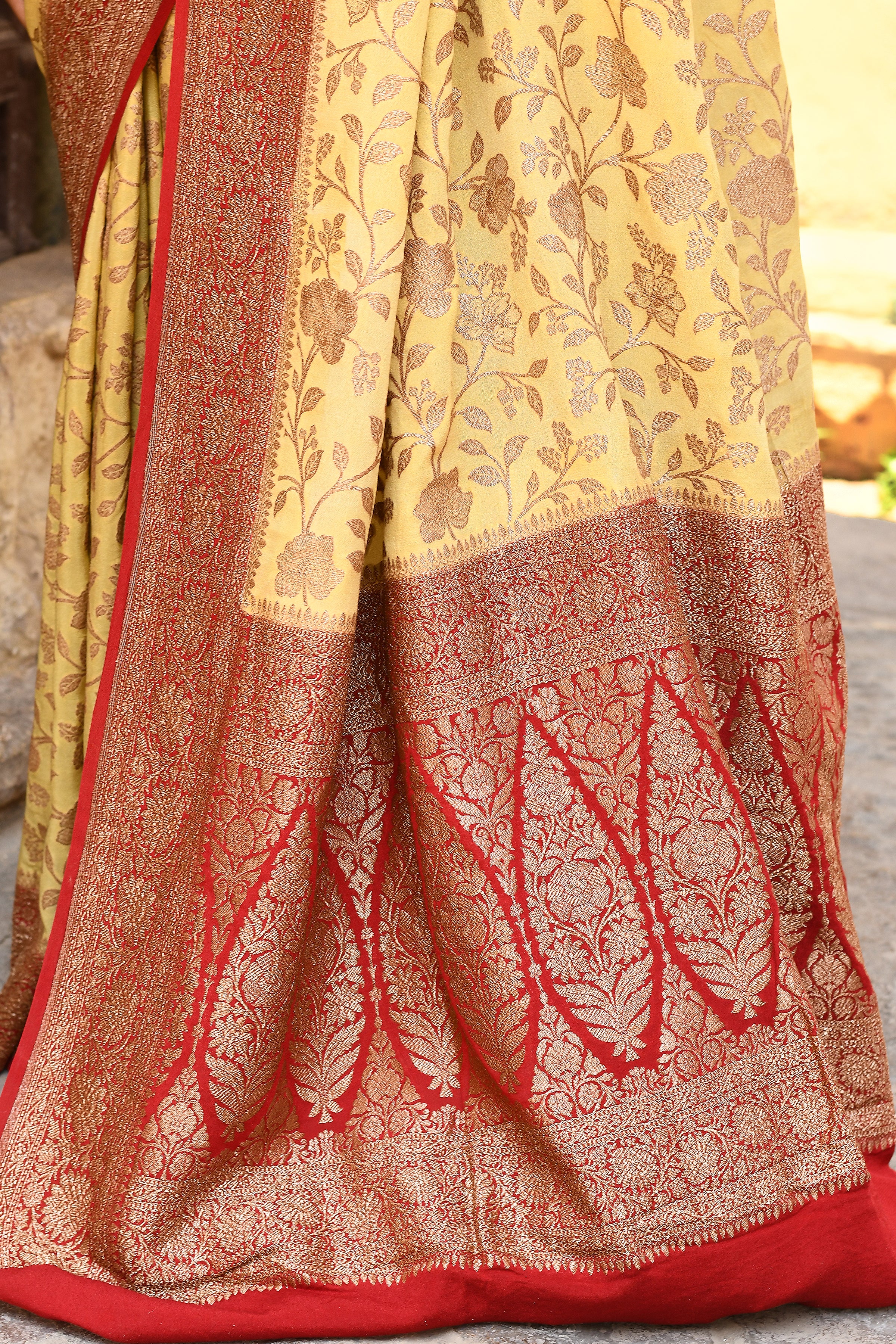 Yellow Banarasi Crape Chiffon Silk Saree
