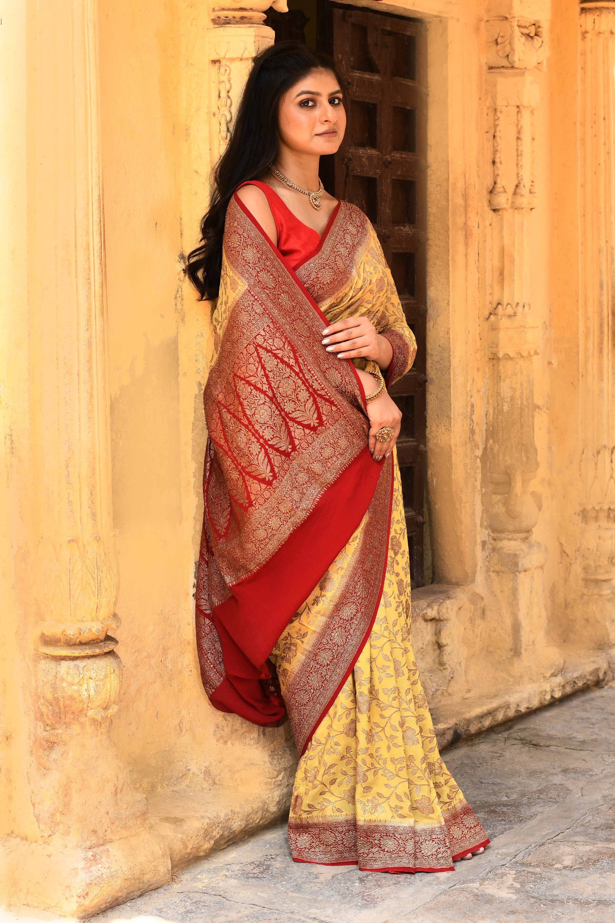 Yellow Banarasi Crape Chiffon Silk Saree