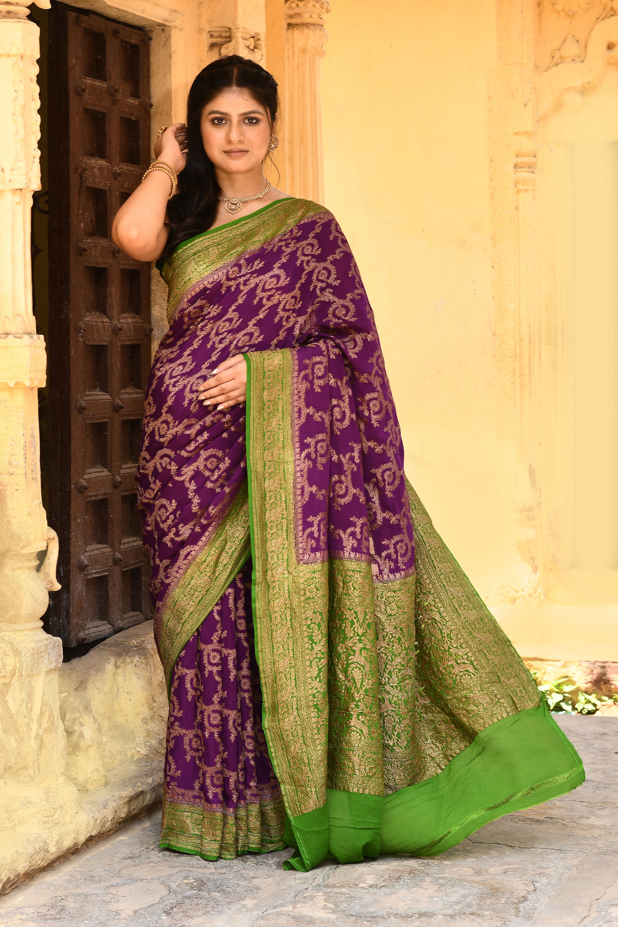 Royal Purple Banarasi Crape Chiffon Silk Saree
